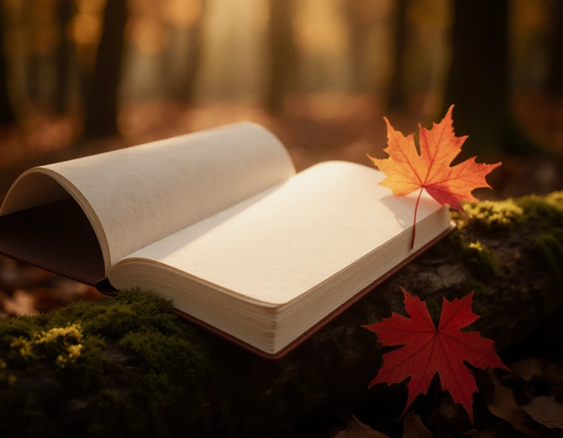 Prompt: A blank, high-quality textured paper notebook lying open on a mossy forest log. Surrounded by a few vibrant red and orange autumn maple leaves. Soft, magical golden hour…