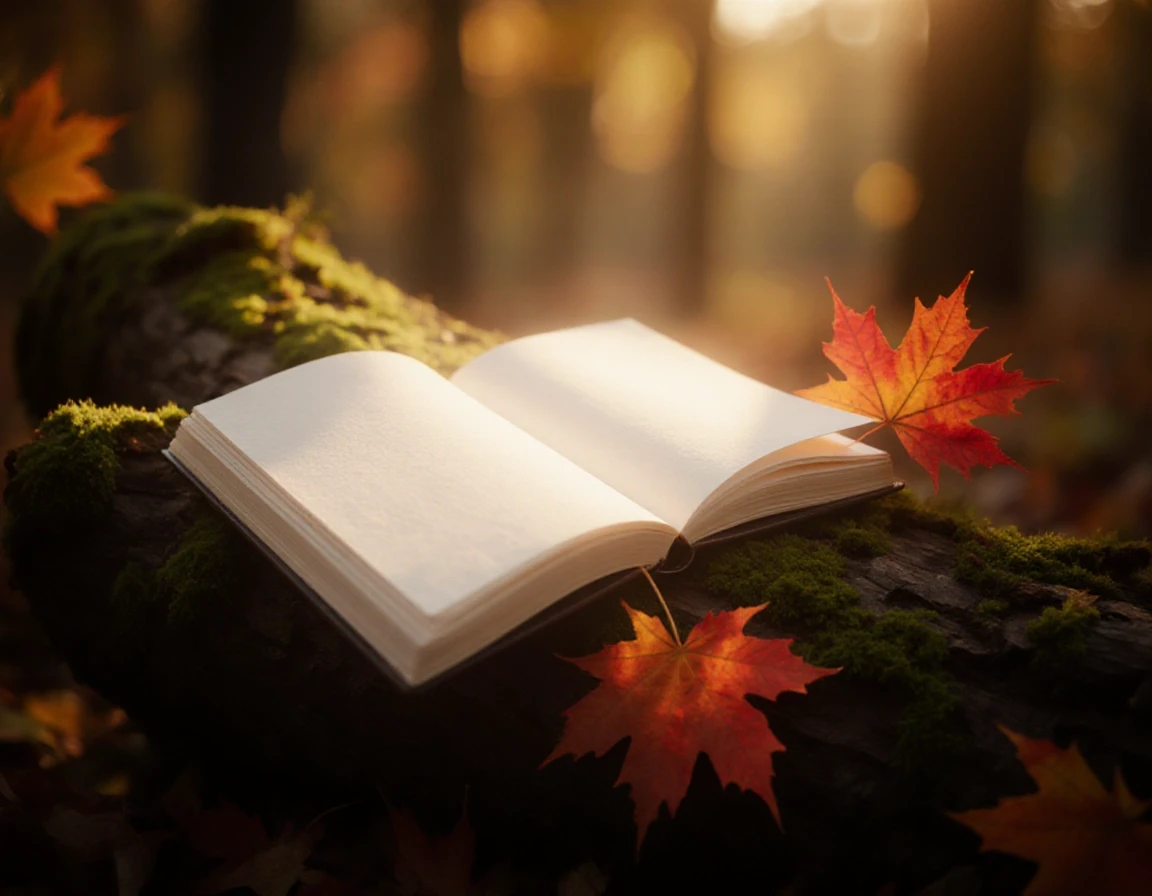 Prompt: A blank, high-quality textured paper notebook lying open on a mossy forest log. Surrounded by a few vibrant red and orange autumn maple leaves. Soft, magical golden hour…
