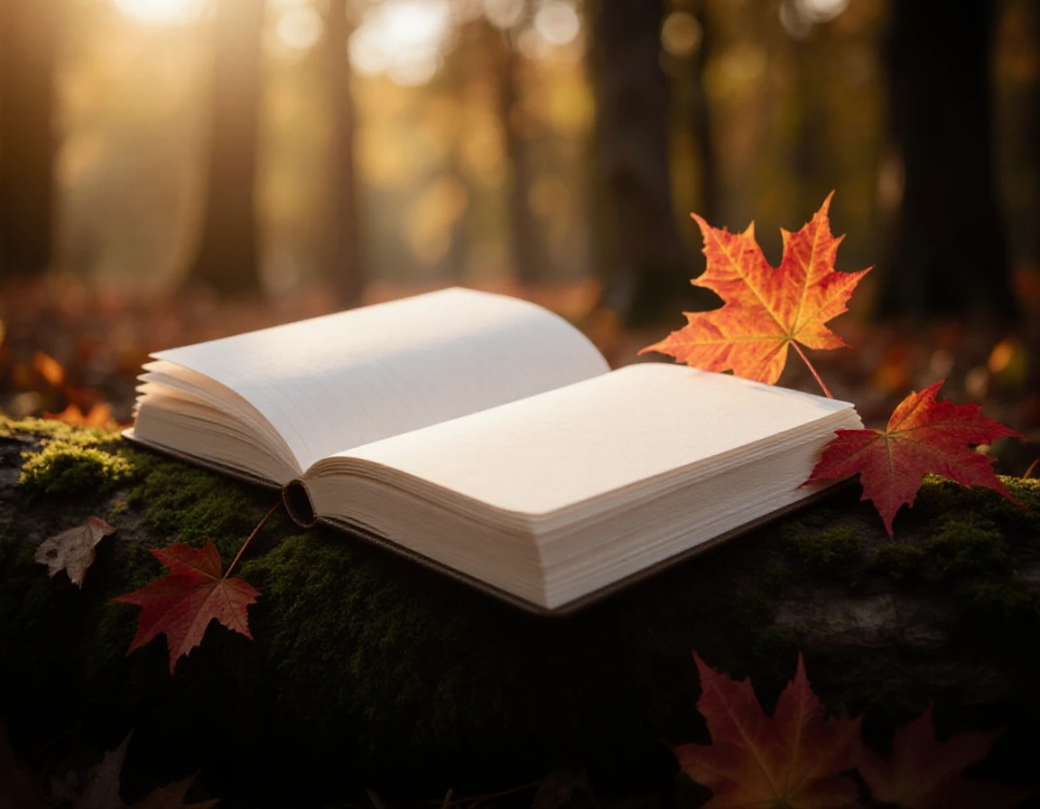 Prompt: A blank, high-quality textured paper notebook lying open on a mossy forest log. Surrounded by a few vibrant red and orange autumn maple leaves. Soft, magical golden hour…