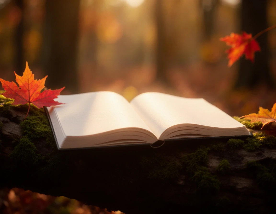 Prompt: A blank, high-quality textured paper notebook lying open on a mossy forest log. Surrounded by a few vibrant red and orange autumn maple leaves. Soft, magical golden hour…