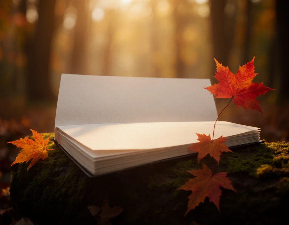Prompt: A blank, high-quality textured paper notebook lying open on a mossy forest log. Surrounded by a few vibrant red and orange autumn maple leaves. Soft, magical golden hour…
