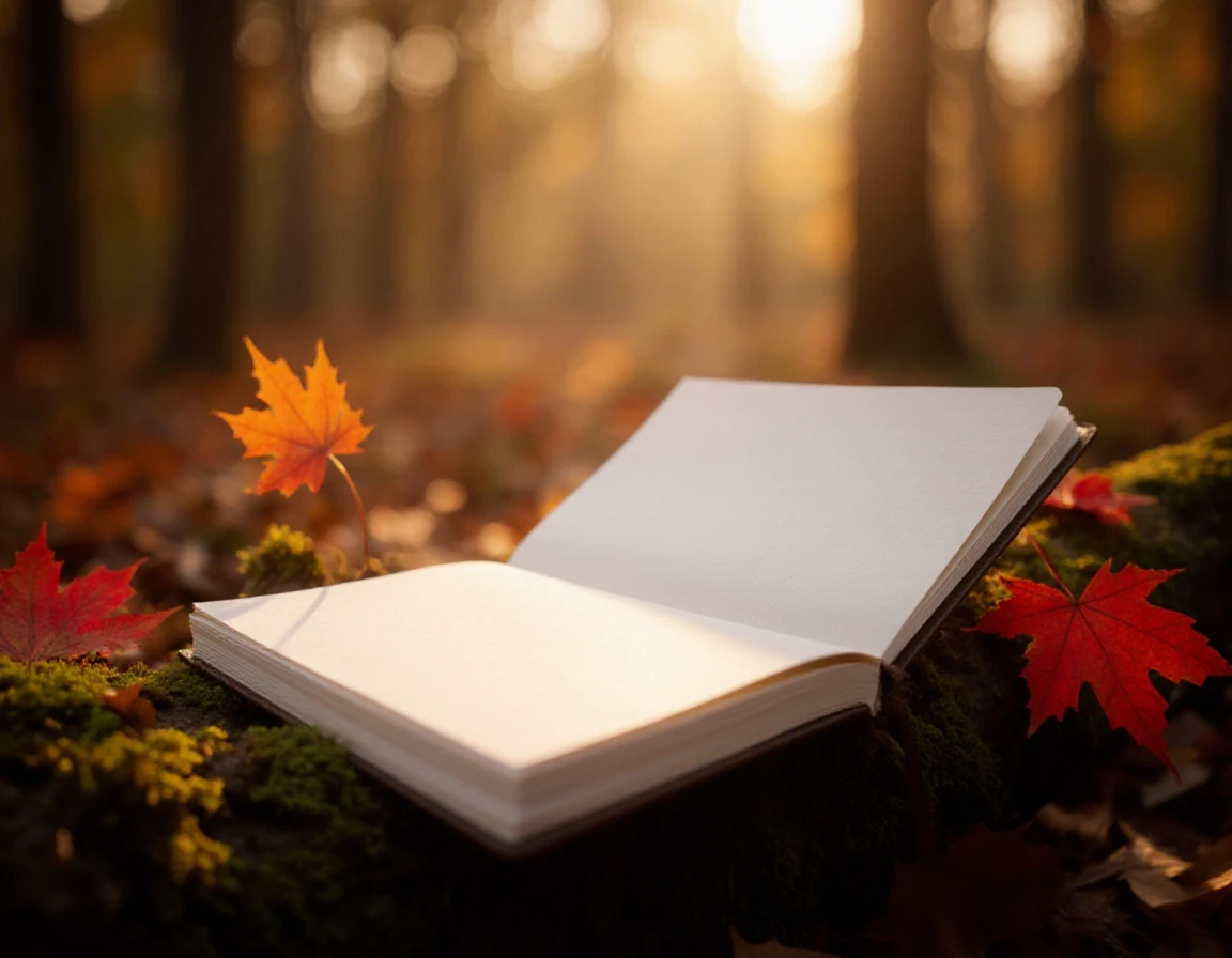 Prompt: A blank, high-quality textured paper notebook lying open on a mossy forest log. Surrounded by a few vibrant red and orange autumn maple leaves. Soft, magical golden hour…