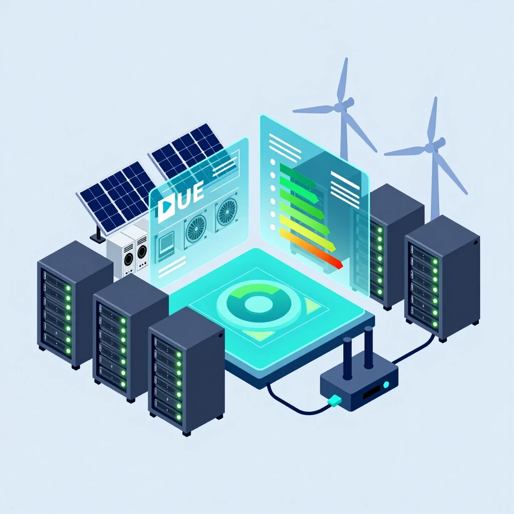 Isometric vector illustration of a modern data center energy management concept. A central holographic dashboard showing PUE metrics and green efficiency graphs. Around it:…
