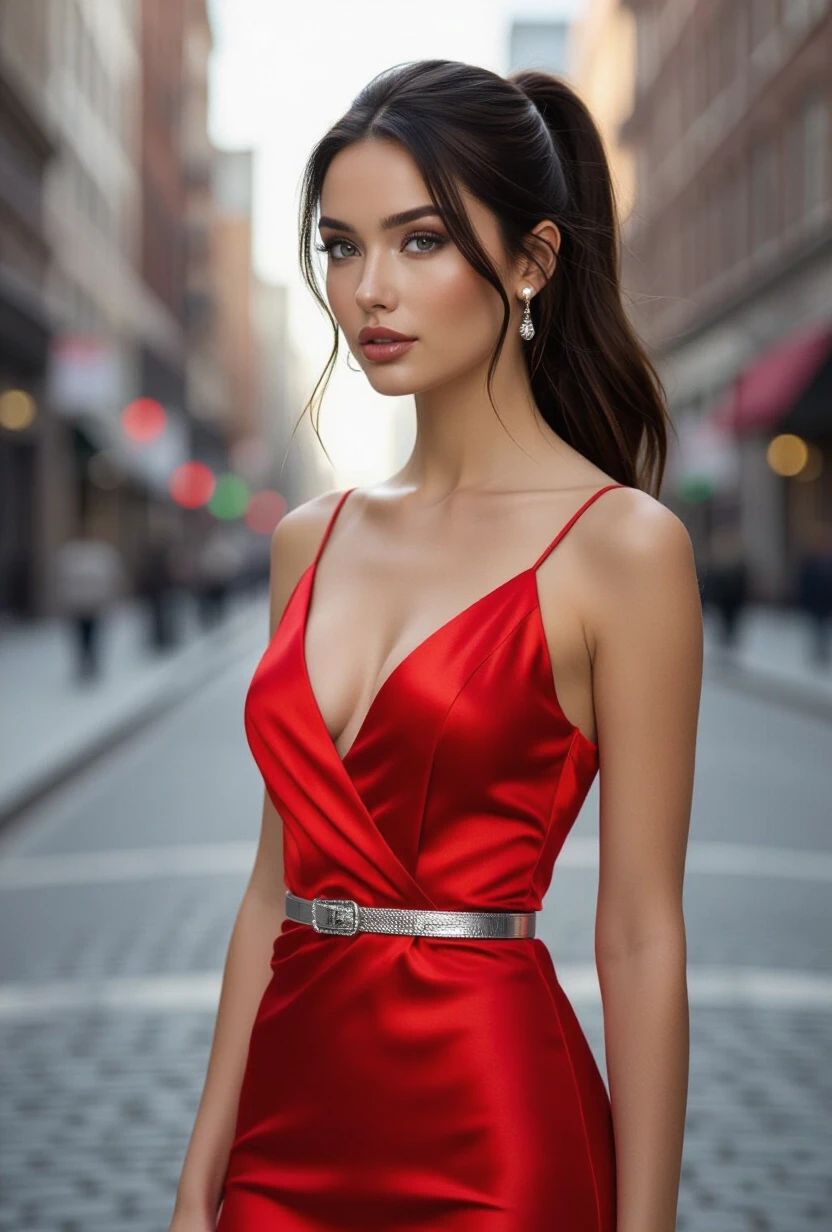 young woman, full height, hyper-realistic, slim body, realistic face, long brunette hair, ponytail, grey eyes, wearing red silk dress, silver belt, day, city street, high…