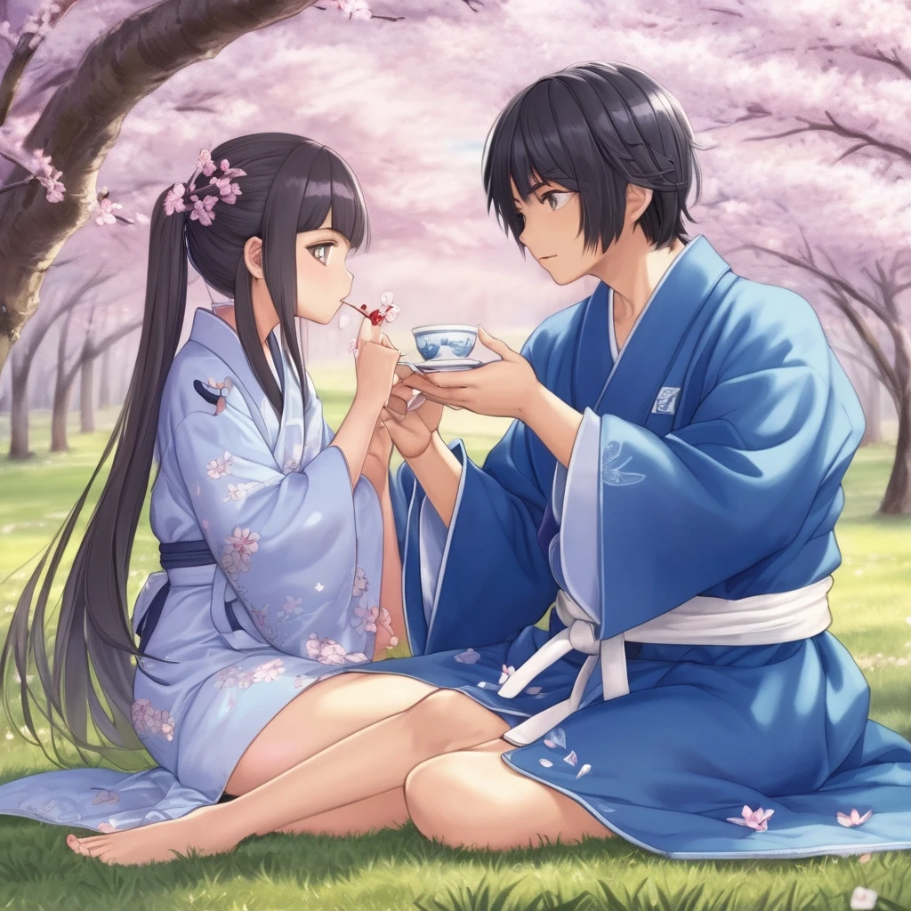 a couple of people that are sitting in the grass, a picture, by Jin Homura, tea, wearing a blue robe The girl opens her robe (not completely), the cherry blossom petals cover…