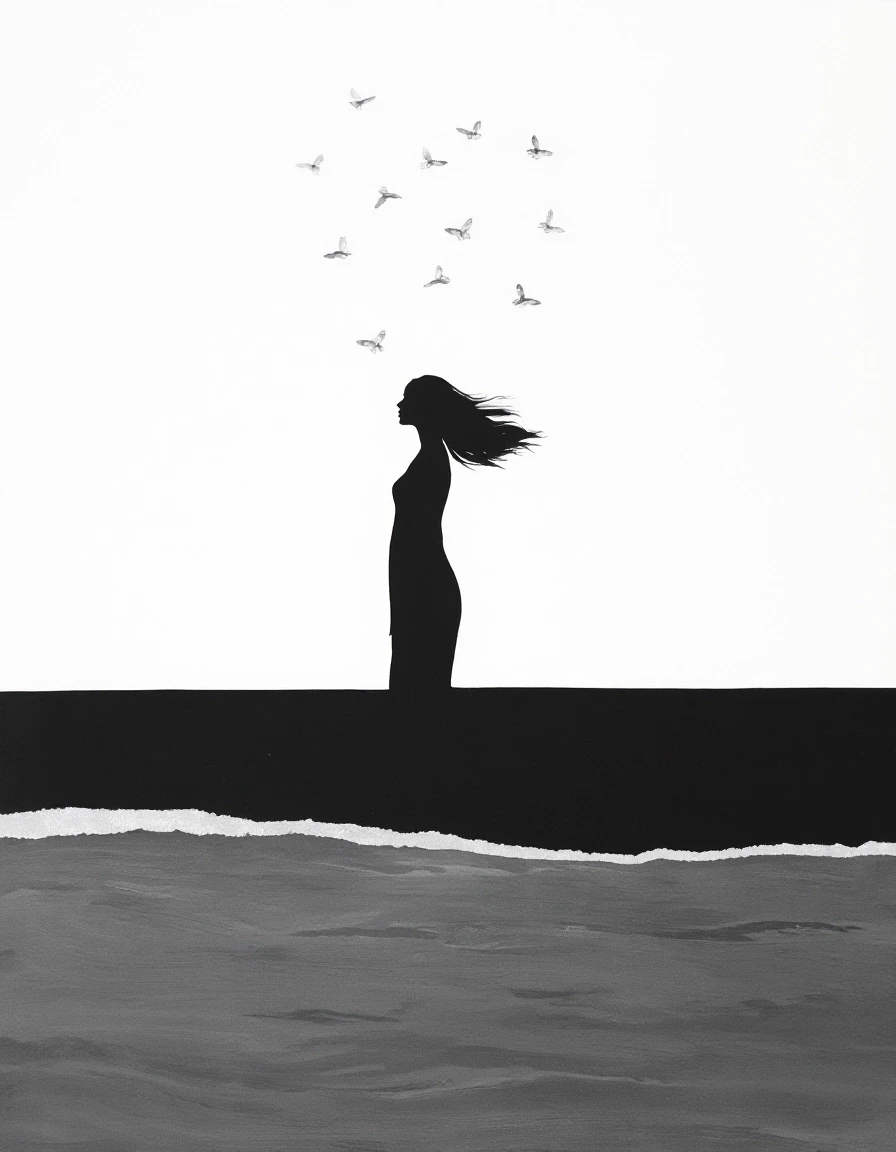 Black and white minimalism, conceptualism, flat painting, horizontal edge of shore and sea, thin, graceful white butterflies above, Silhouette of a slender young woman, hair…