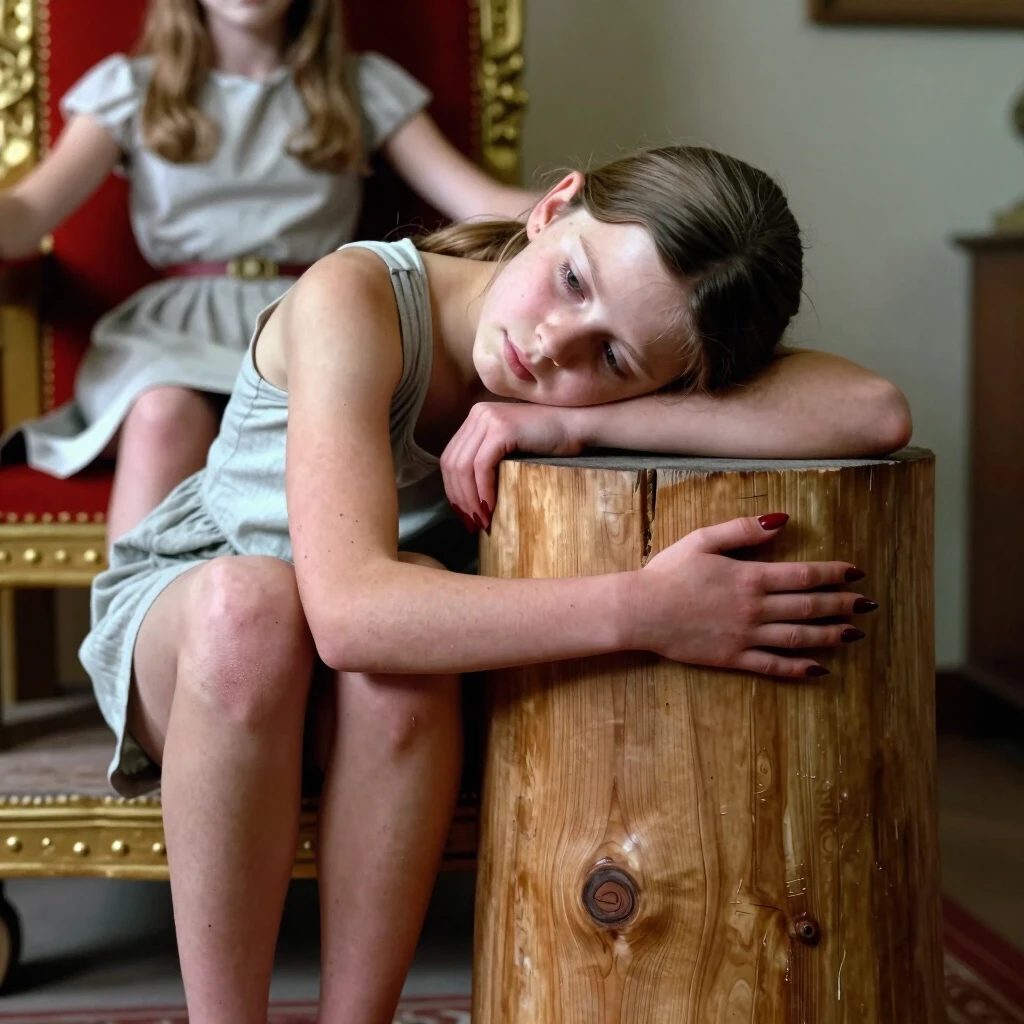 She is sitting on her heels. To her right stands a wide wooden block in the shape of a sawn‑off stump. The girl rested her head on this block and wrapped her arms around it from…