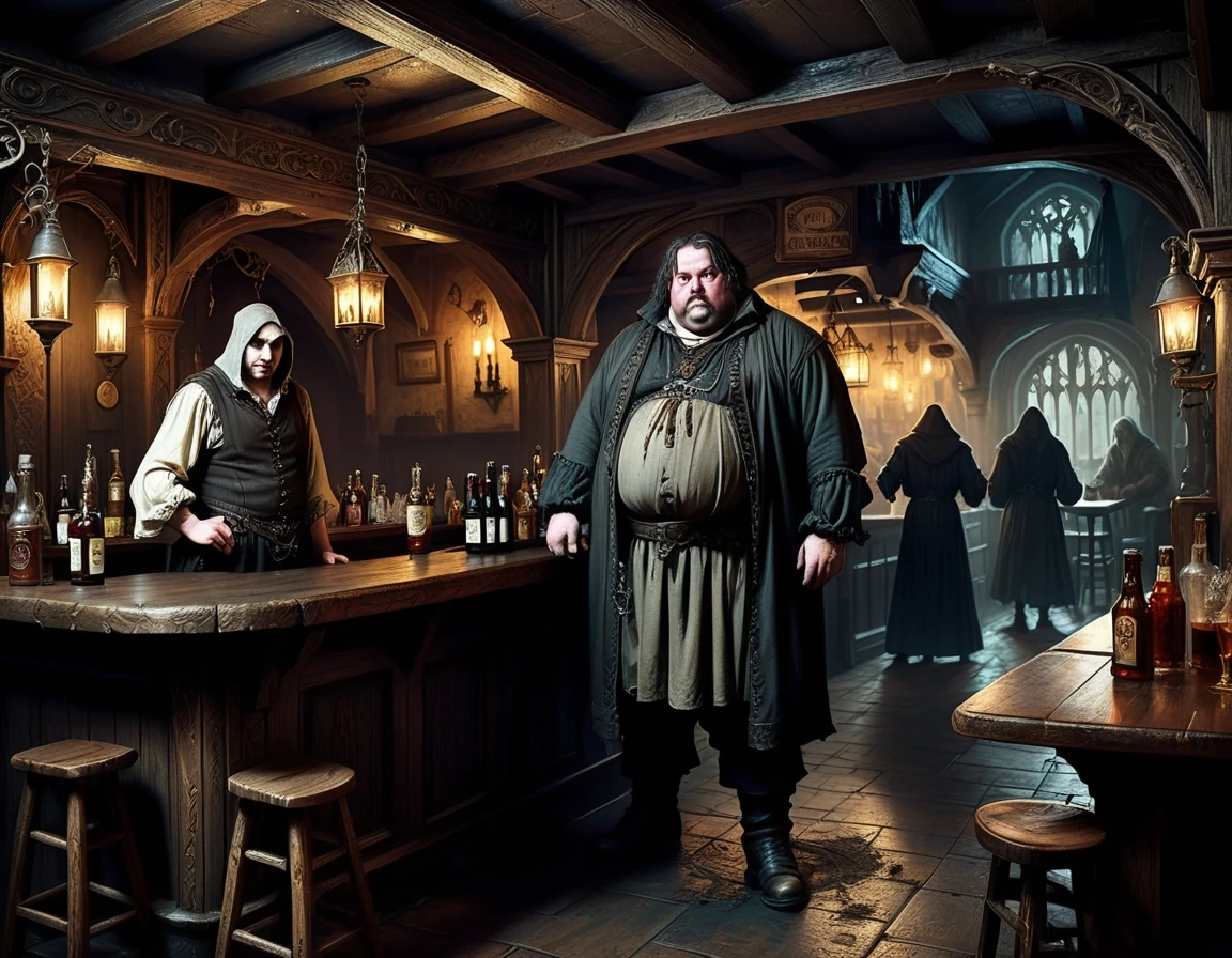 The interior of a gloomy INN in a dark fantasy setting based on the Middle Ages; a fat, dirty man is standing behind the bar; the people in the tavern are dressed in rags. —…