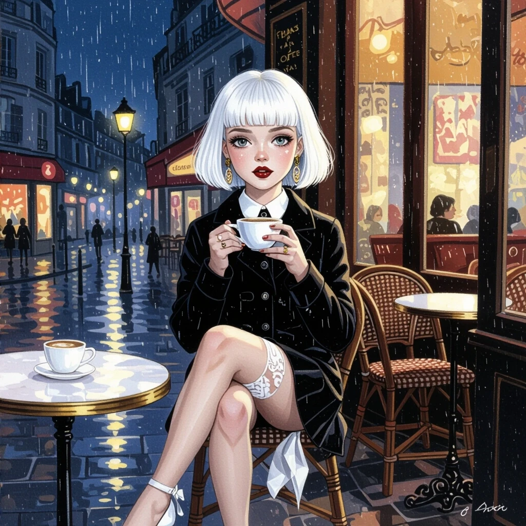 drawing by Diego Dyer, photography, drawing by Egon Schiele, 4K, A young girl with a shock of white hair, very beautiful, short hair,white lipstick, white straight bangs, stands…