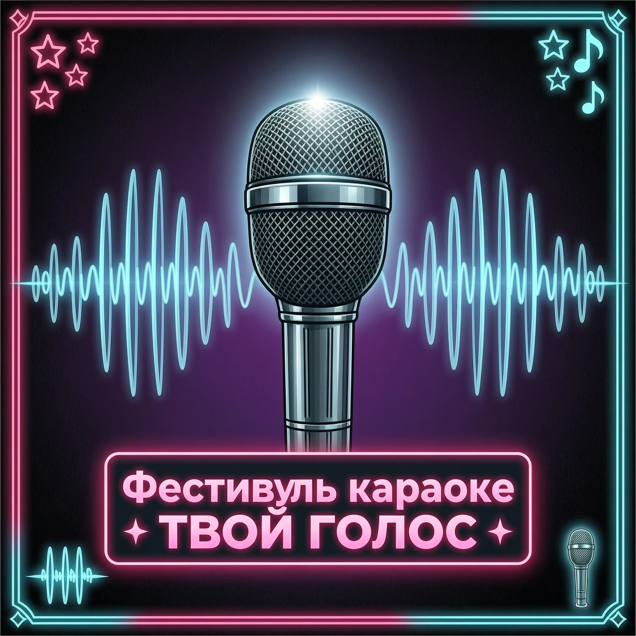 Стикер 1. Центральный: микрофон + надпись **Композиция:** крупный микрофон по центру (вид спереди, классический сценический), от него расходятся тонкие волнообразные линии…