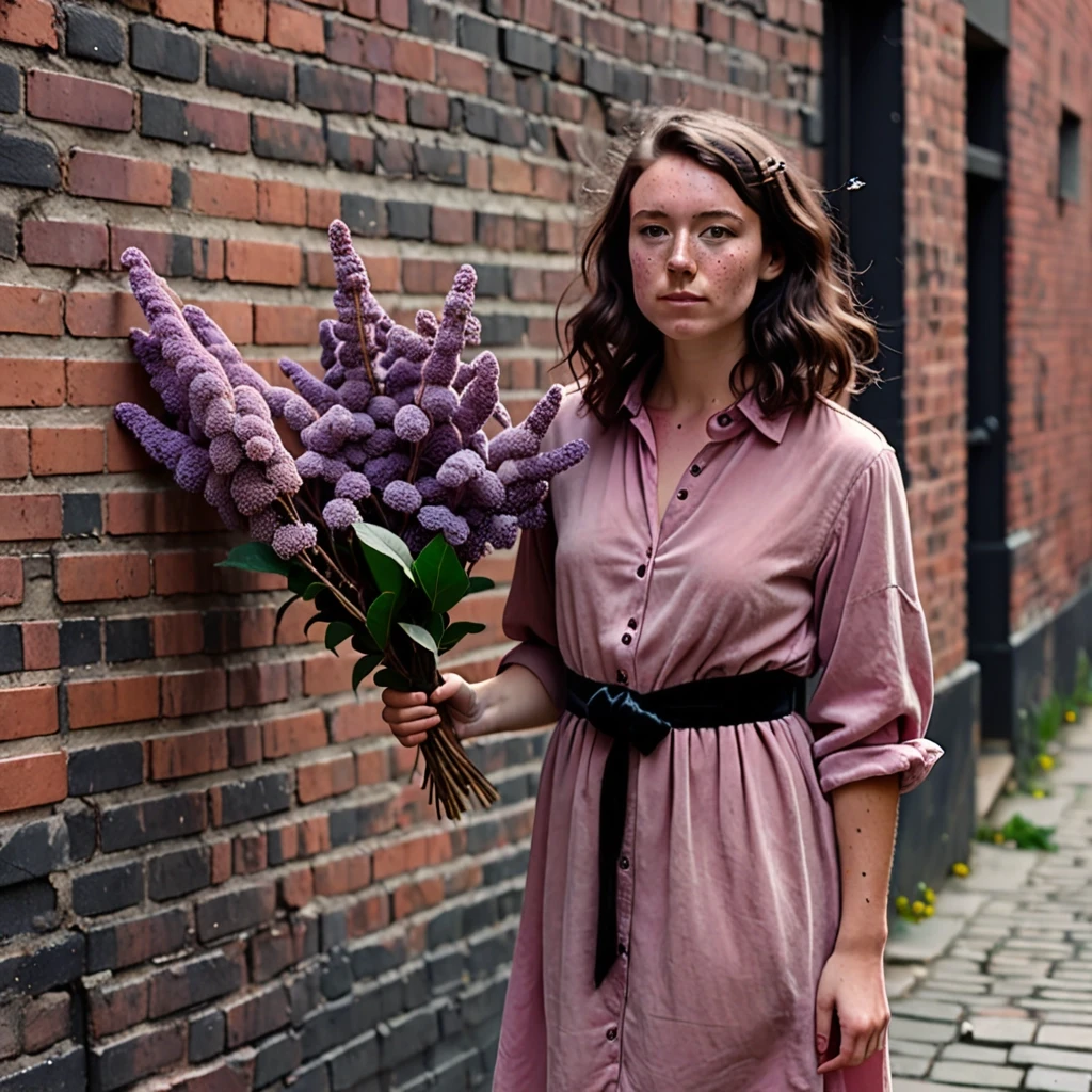 A young woman with wavy dark brown hair and freckles stands against an old brick wall on a narrow city alley. She wears a dusty pink shirtdress with an asymmetrical hem and a…