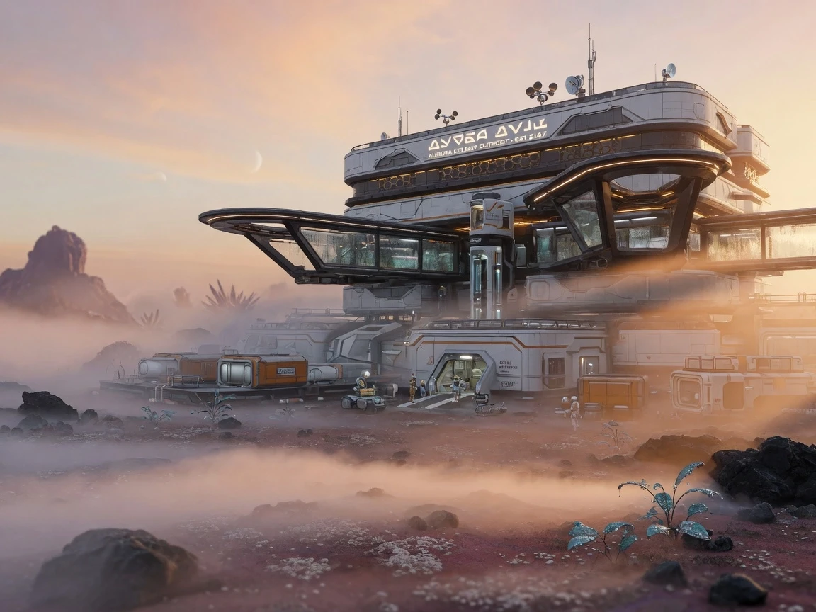 colony on an unknown planet, a huge futuristic building, futuristic, morning fog, volumetric warm light, realistic, super detailed,shallow depth of field, natural colors,…