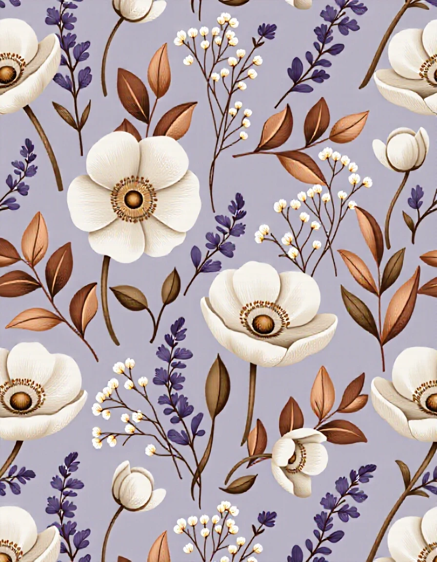 A hyper-detailed seamless surface pattern design with a 1/2 half-drop repeat layout, directly replicating the bedding fabric style of the image. A dense and rich botanical…