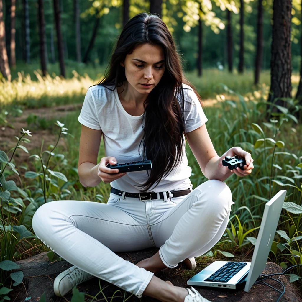 Woman playing computer game. Dark long hair, white jeans, white t-shirt. Nature — работа пользователя Могущественный Танец