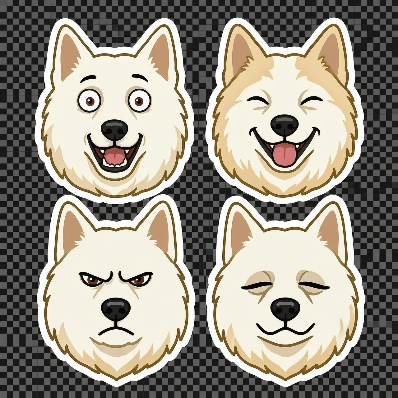 Turn this photo of my dog into 4 funny cartoon sticker designs, white outline, expressive emotions, flat vector style, transparent background, 4 variations in one image. —…