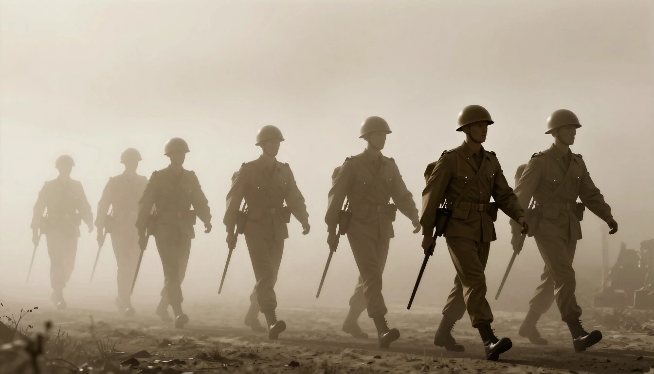 Conceptual image, phantom army silhouette of soldiers marching in fog, ghostly translucent effect, sepia tone — работа пользователя Необыкновенный Фенрир