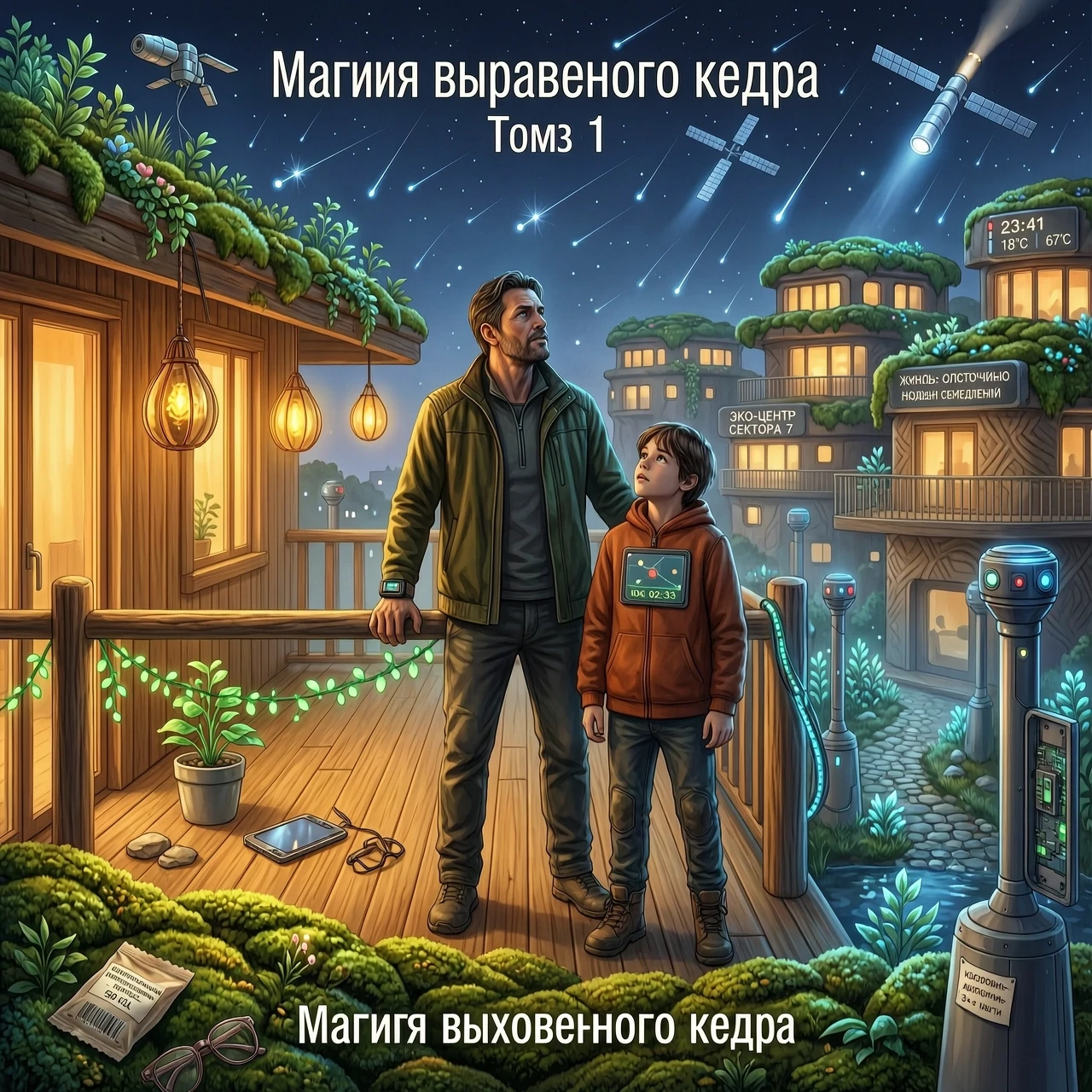 Поздний вечер, футуристический эко-поселок будущего. Дома со мхом на крышах подсвечены мягким янтарным светом. На веранде из кедра стоят отец и 12-летний сын, глядя на темное…