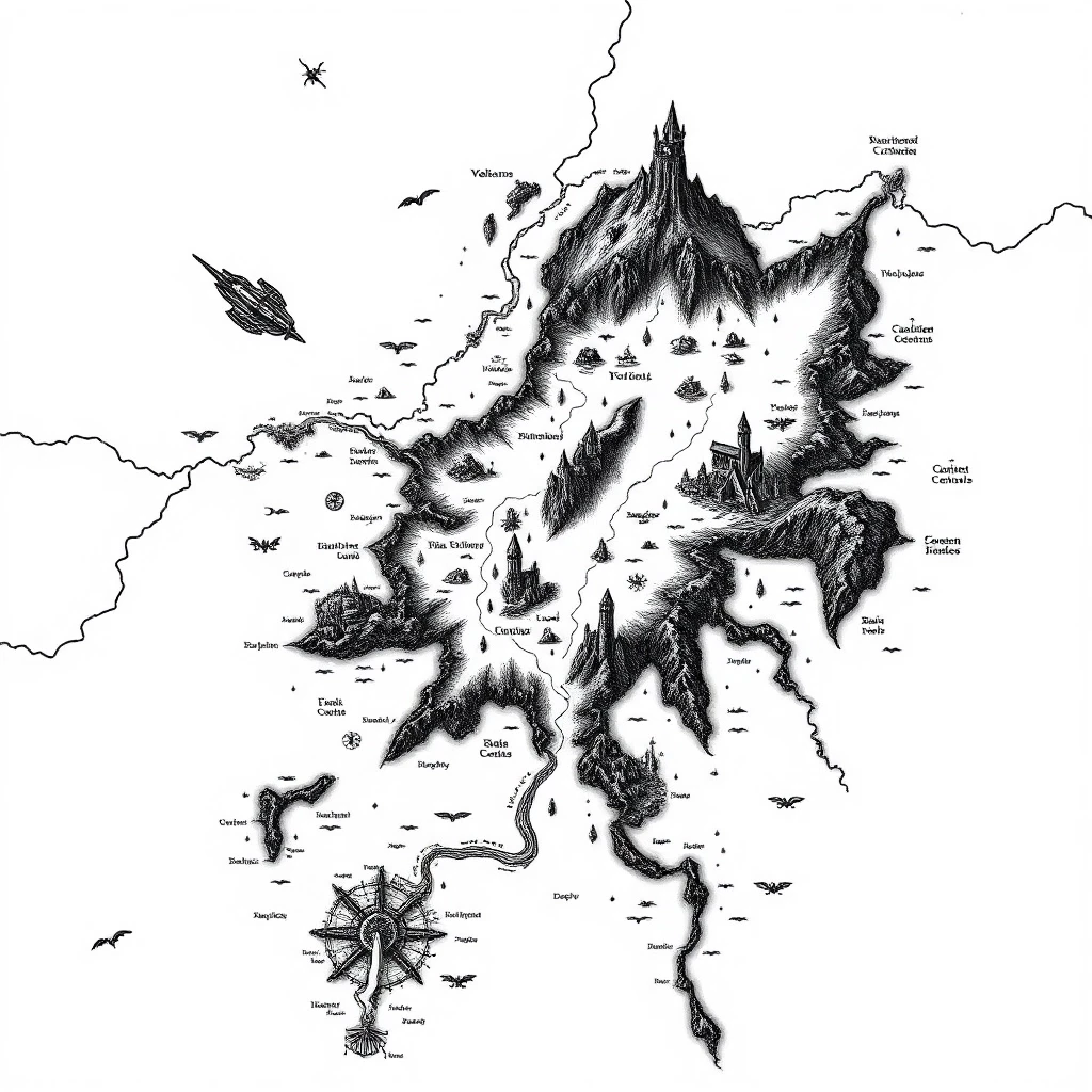 2D top-down authentic gritty dark fantasy large-scale strategic nautical map, high-detail medieval woodcut style, inspired by Tainted Grail: Fall of Avalon. Pure white…