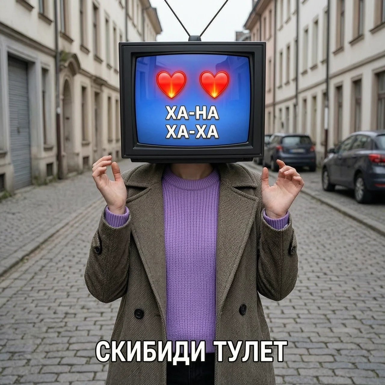 создай видео про скибиди тулет .серия начинается на улице как тв вумен у её вместо головы телевизор она в пальто в фиолетовой кофте против скибиди туалета пилы .итог битвы тв…