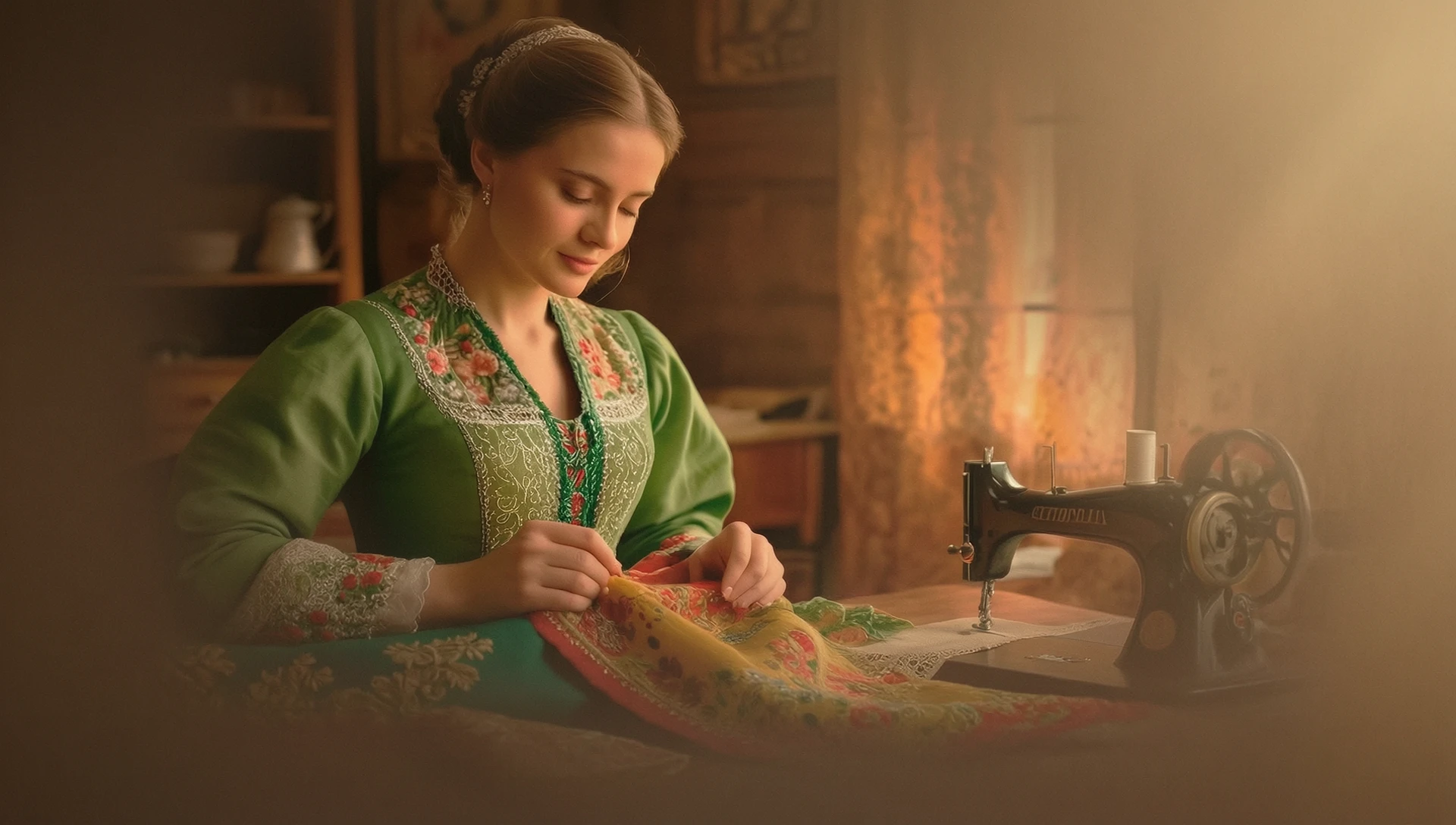 A young woman with refined features and hair styled neatly—adorned with an elegant headband—sits in a pensive, focused pose, leaning over her work. She wears a sumptuous…