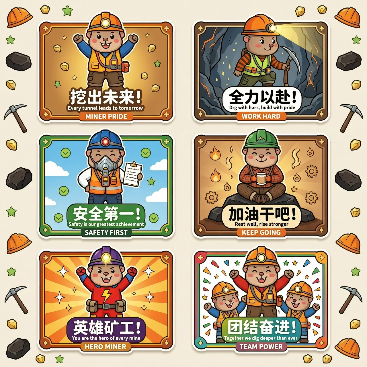 A cheerful mole miner wearing a hard hat with a headlamp and a self-rescuer; motivational slogans accompany each sticker, 6 stickers in total — работа пользователя Солнечный…