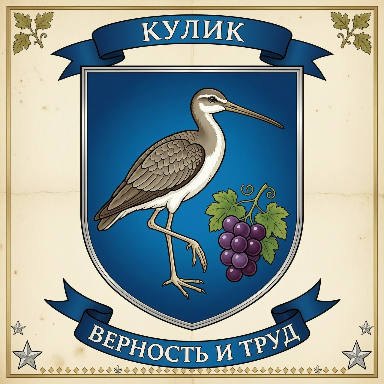 Вариант герба Форма щита: классический французский щит (прямоугольник с закруглённым низом) — он самый узнаваемый в геральдике. Фон (поле щита): тёмно-синий (лазурь) — в…