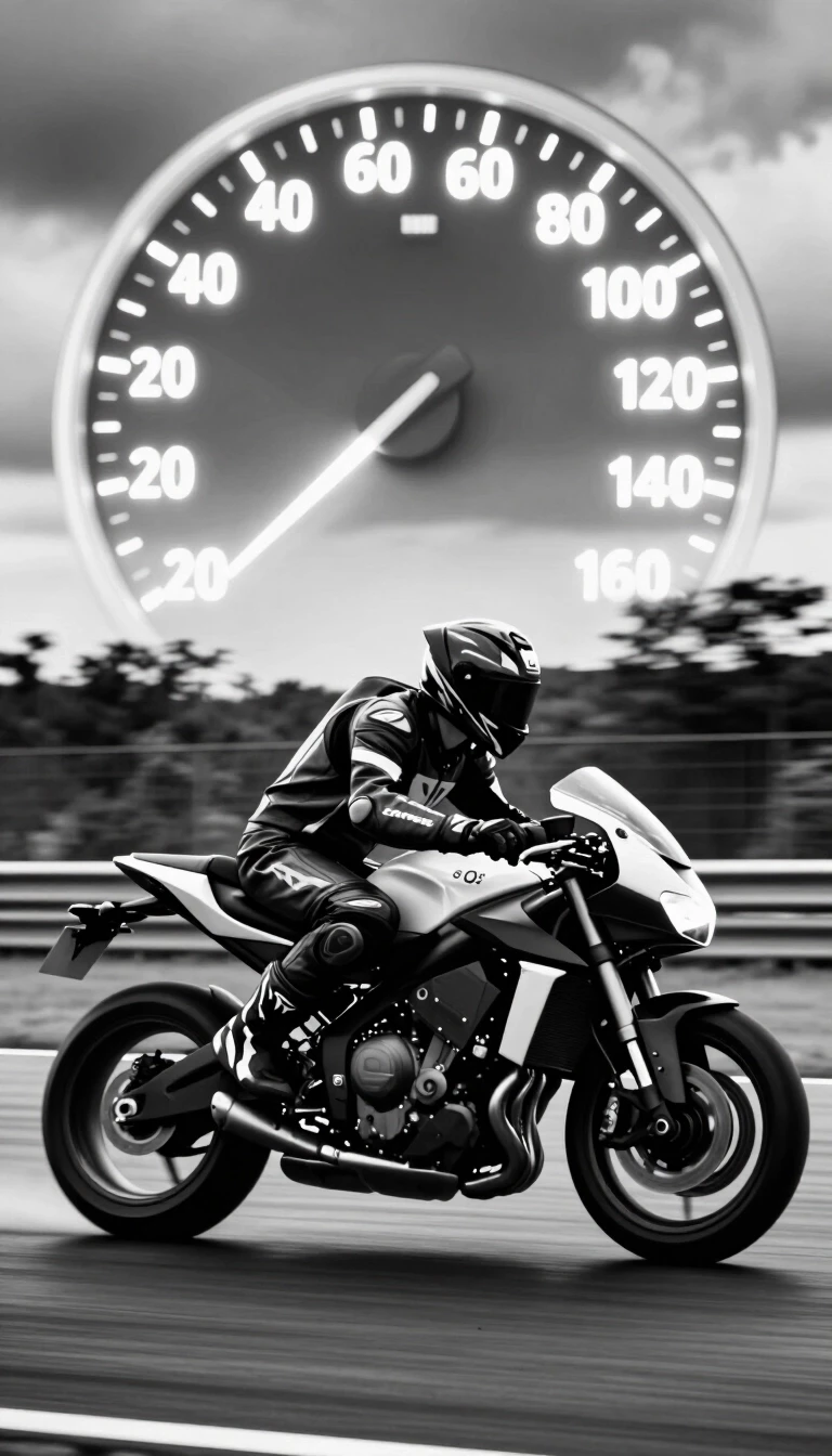 A striking black-and-white, high-speed shot of a motorcyclist on a racetrack; superimposed at the top of the frame is a large, glowing speedometer showing ascending…