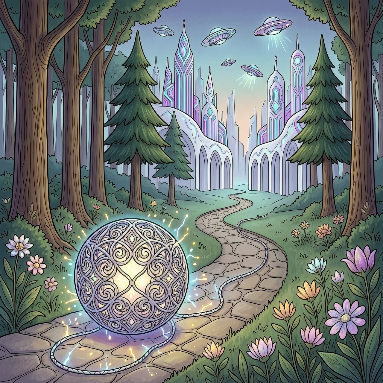 Background: a winding path leading from the forest to a white city. In the middle and far distance, a street in a futuristic ornamental white city with a (thrilling triphobic)…