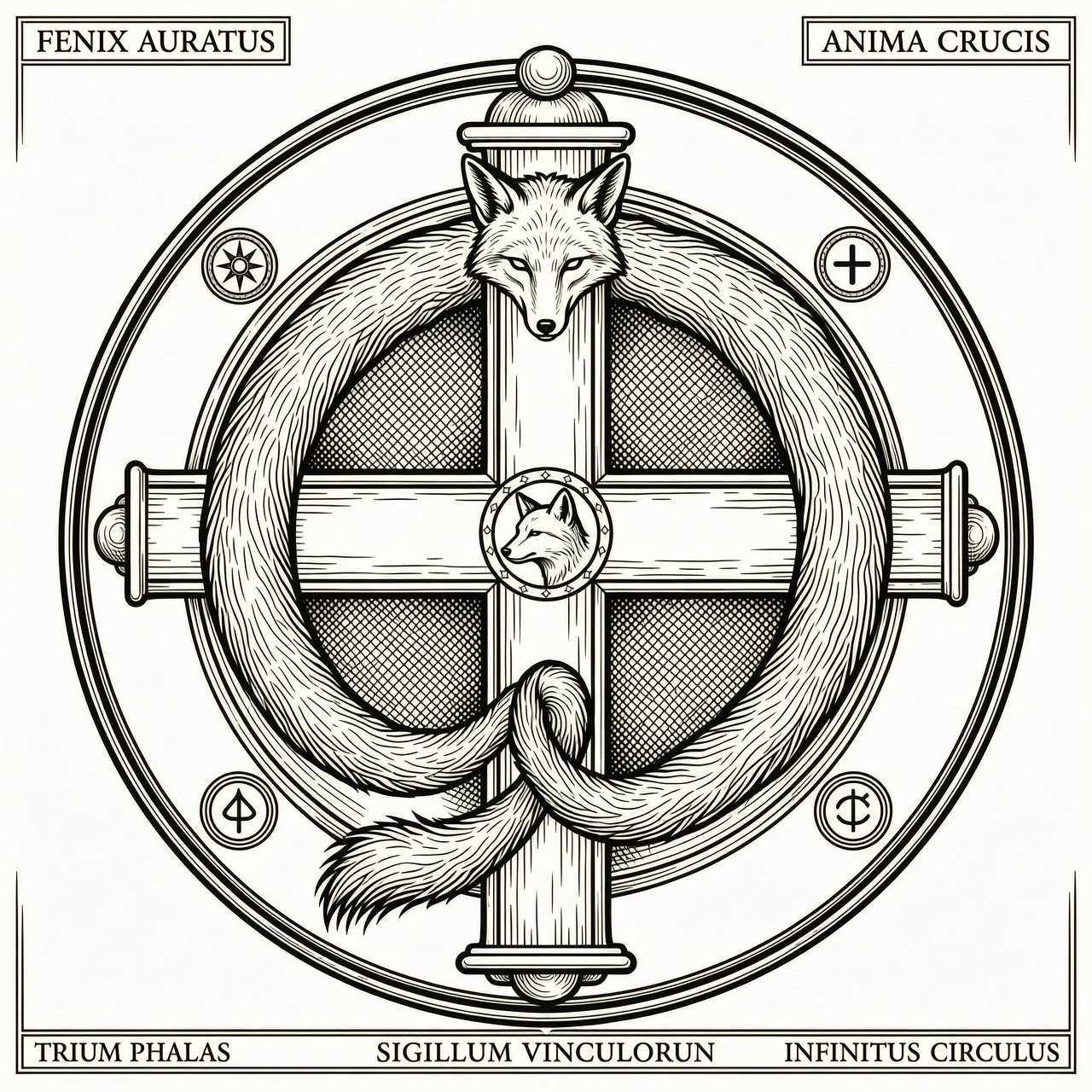 Tattoo flash art, alchemic cross of Flamel, instead of a serpent a cunning fox with three tails is crucified on the cross, the fox's body is elongated and curved to match…