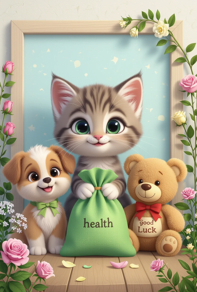 Create a 3D illustration in the style of modern Pixar animation. In the center is a charming cartoon kitten with large expressive eyes and soft fur, smiling sweetly; to the left…