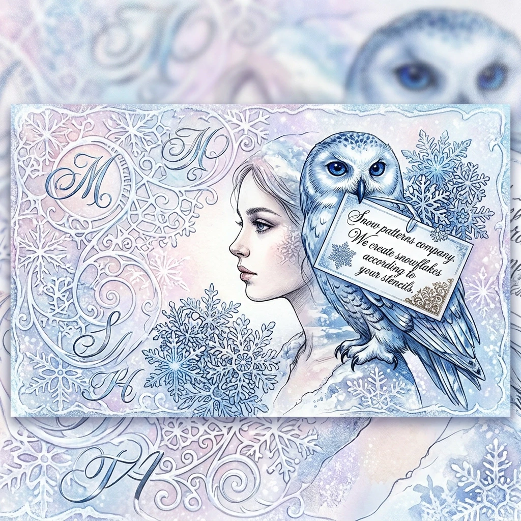 ((Business card, size 90 by 50 mm)) (Background of the paper): pinkish‑white, blue‑white, silver‑white, silver‑pearl, (with a winter ornament, spirals, vignettes and monograms…