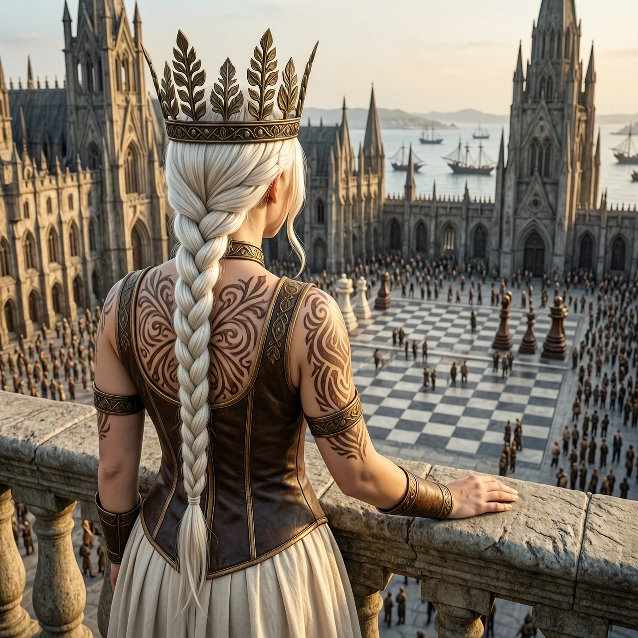 Cinematic fantasy photograph from behind a young queen standing on a high stone balcony, looking down over a vast gothic city. She has long platinum-blonde hair in a thick,…