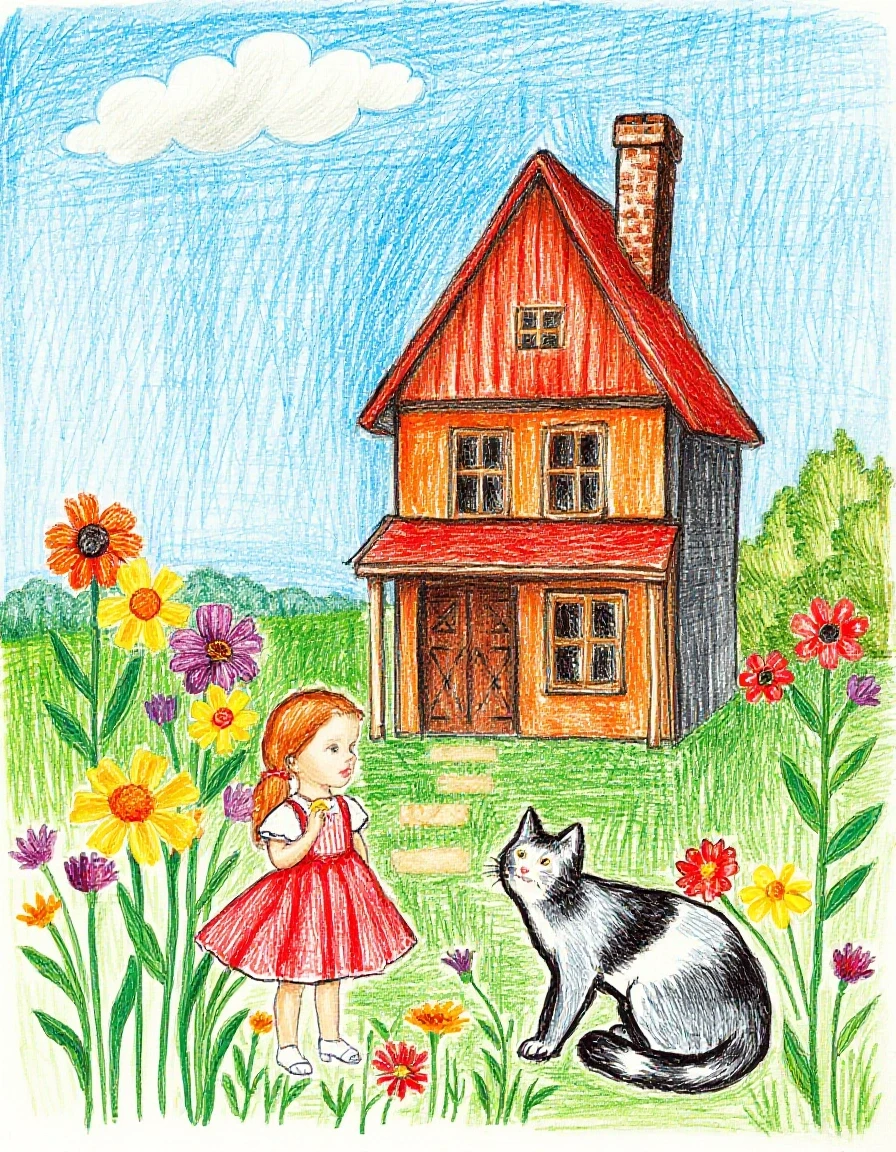A masterpiece. Creating an image. ((The style is naive graphics in colored pencils. children's drawing of flowers, a house, summer, blue sky, a little girl and a cat:1,6)).…