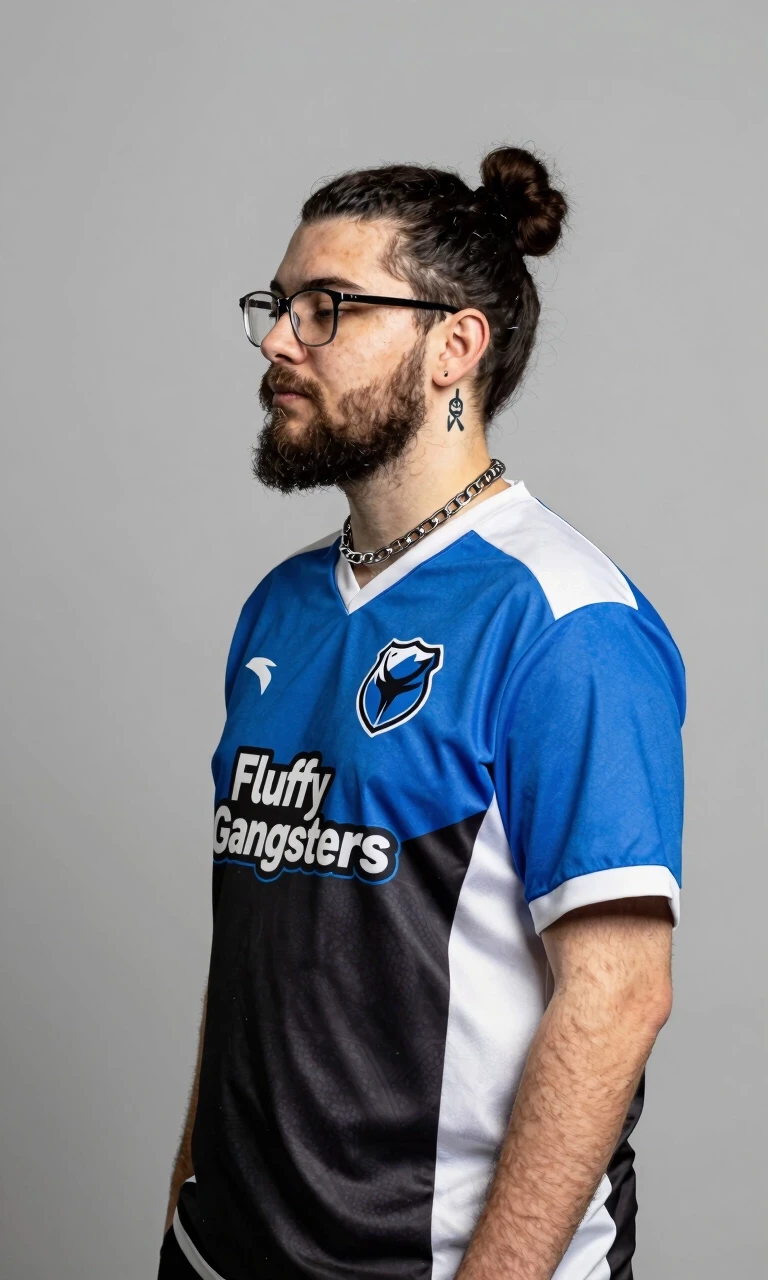 Create a cyber sports club player with a small tattoo, glasses, and a beard. Hair is styled in a fluffy bun, and a chain is worn around the neck. The player is dressed in the…