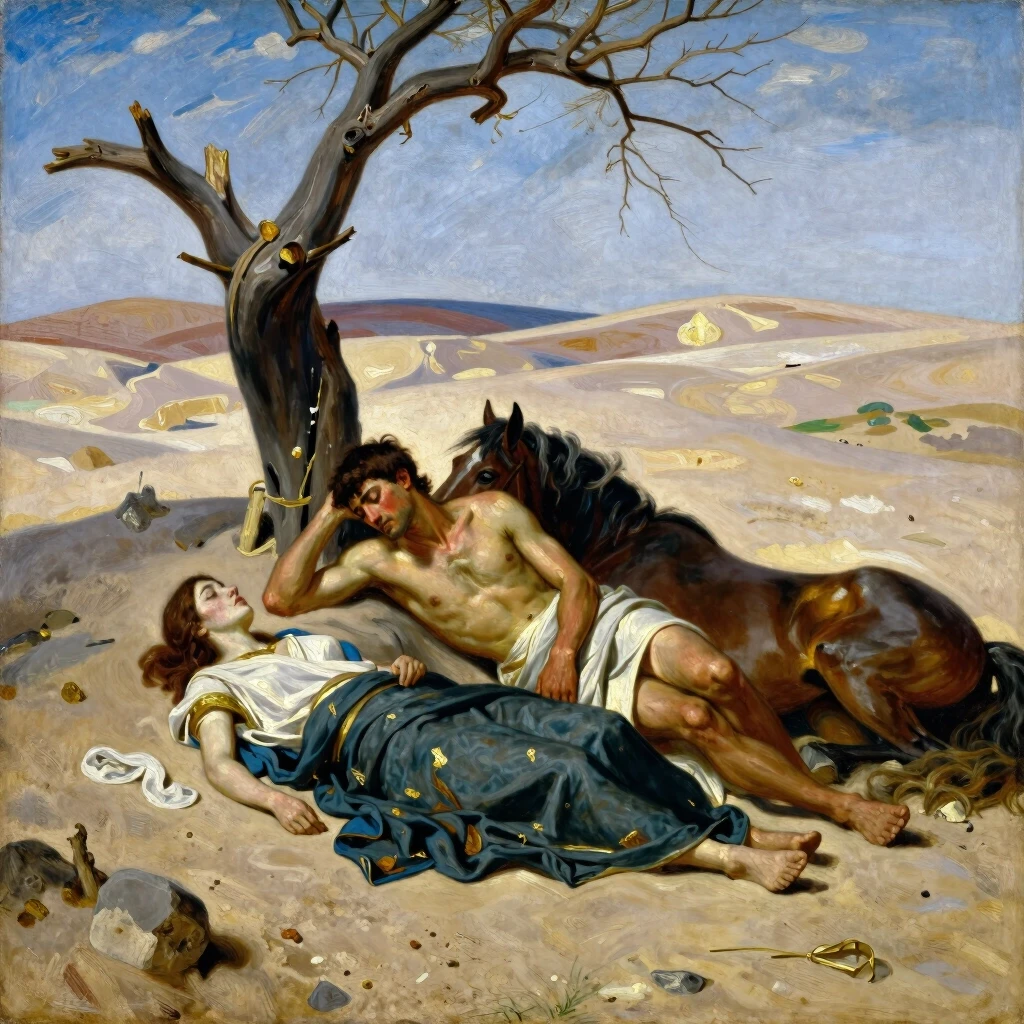 Oil painting, ancient times of Greece, a young man of 20 years old and a girl of 18 years old, lying unconscious on the sand, next to a dried tree and a fallen horse, around the…