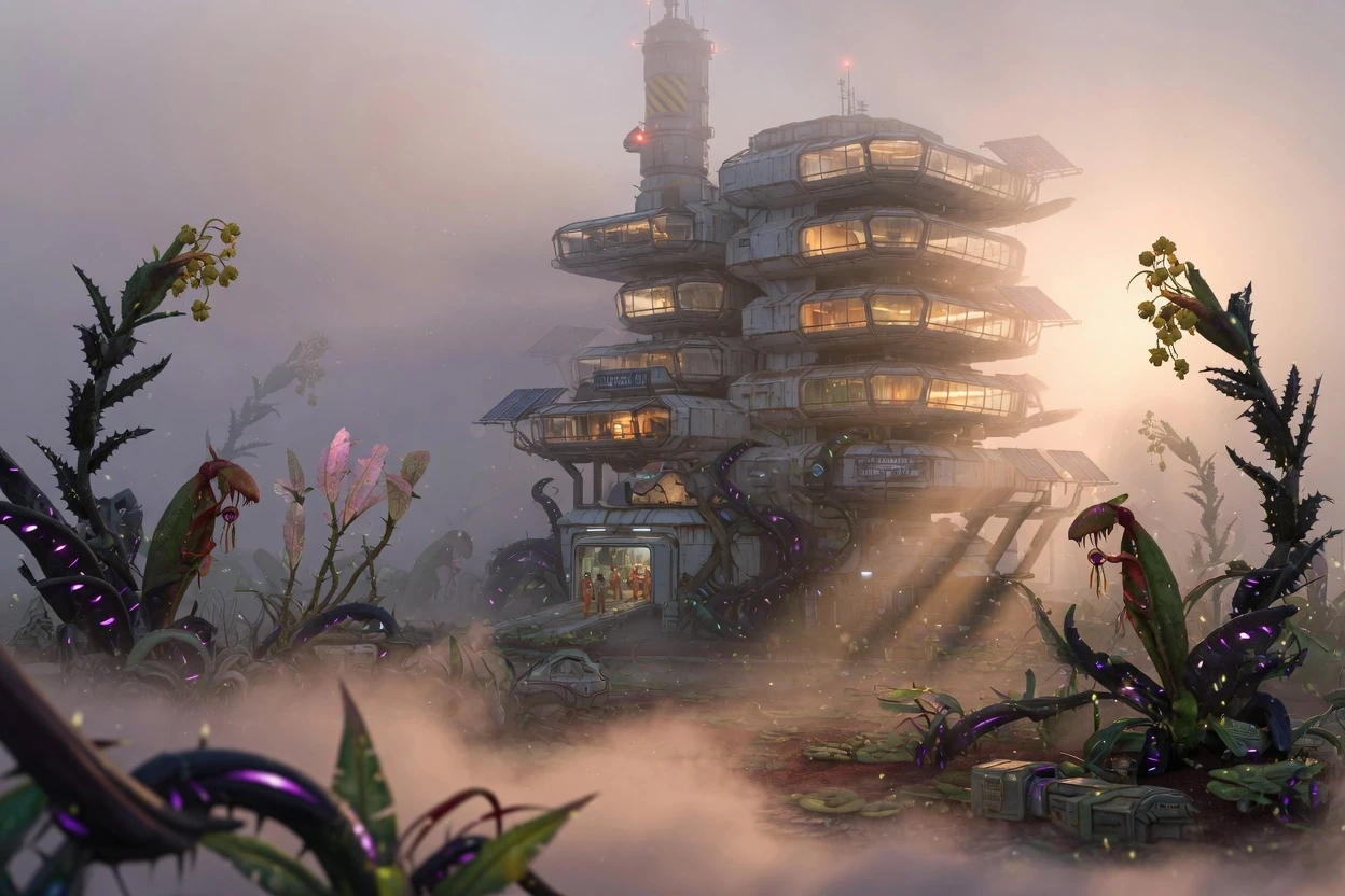A human colony on an unknown planet, a huge futuristic building, surrounded by hostile flora, futuristic, morning fog, volumetric warm light, realistic, super detailed,shallow…