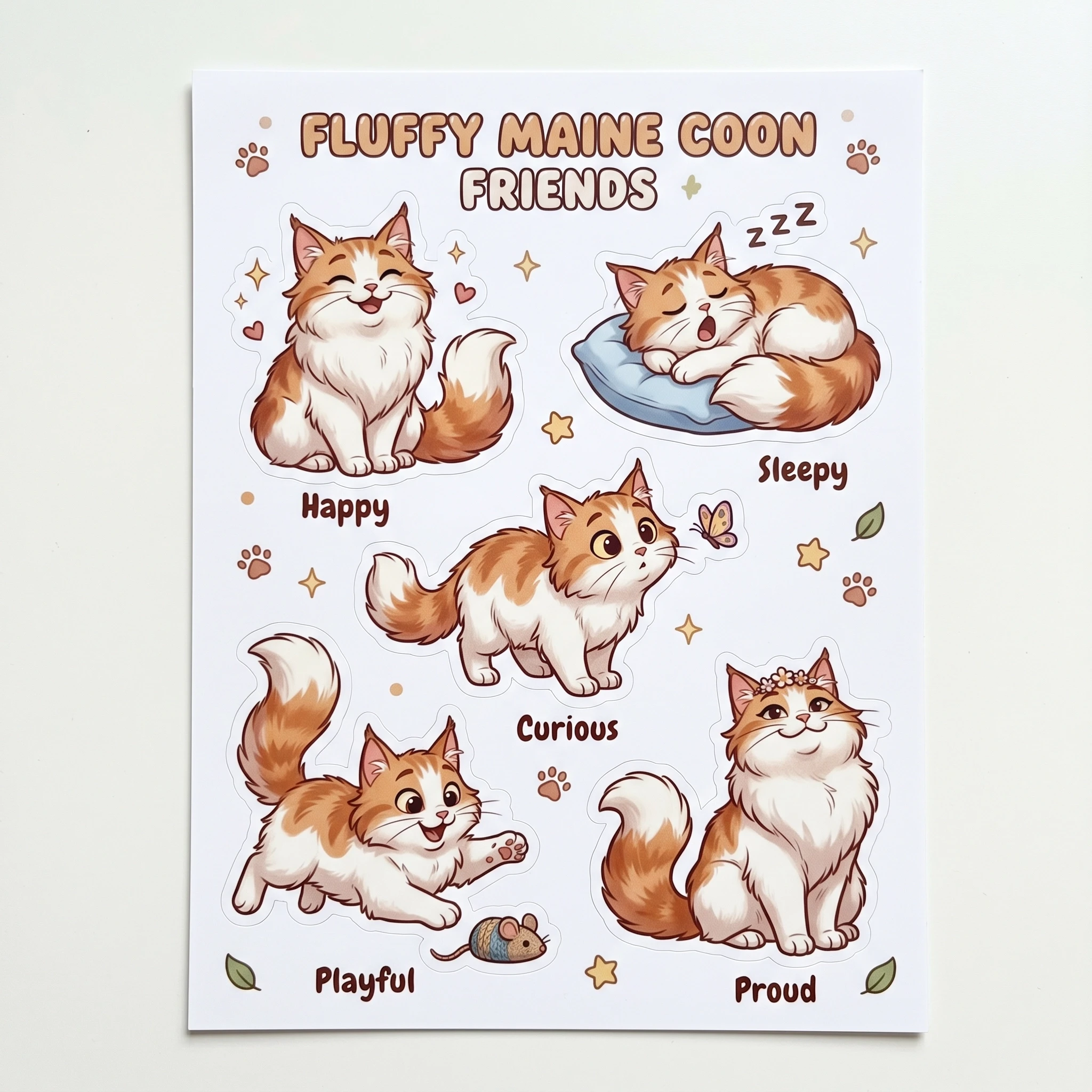 A sticker sheet with 5 cute cartoon stickers of a fluffy white and ginger Maine Coon cat in Disney animation style. Each sticker shows the cat in a different pose and emotion:…