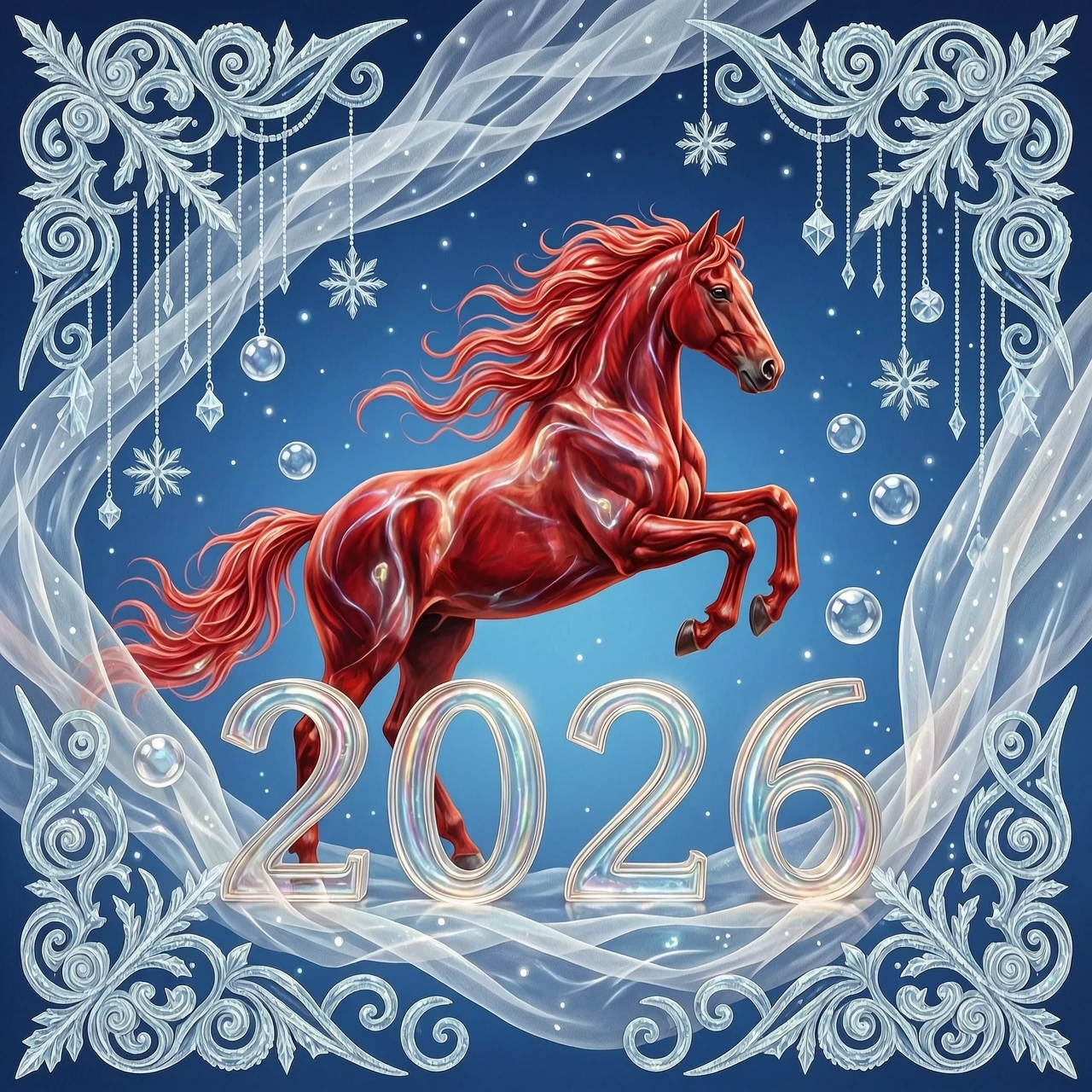 In the double exposure style. An ephemeral mythical creature in the form of a beautiful scarlet fiery horse with a long wavy mane collects the word "2026" from glass…