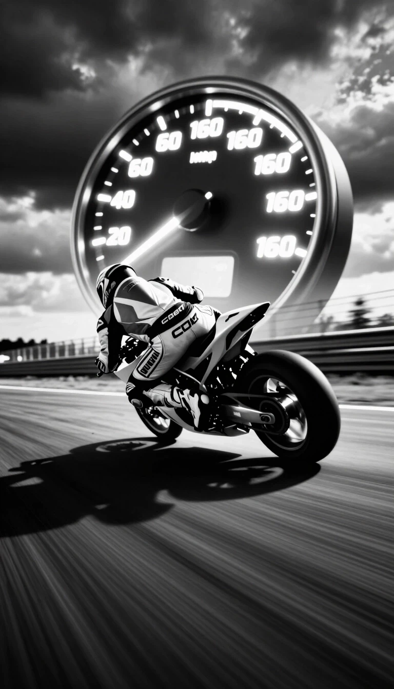 A dynamic, black and white, low-angle shot of a motorcycle racer in full gear, leaning into a turn on a blurred racetrack. A glowing speedometer with the needle pointing to 160…