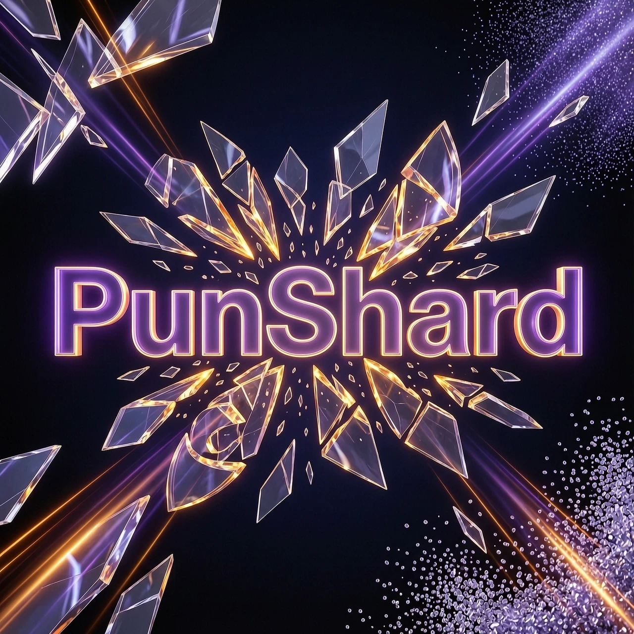 The word "PunShard" breaking apart into glass shards, letters fragmenting, dark background, dramatic lighting, digital art, cinematic, purple and amber tones, no…