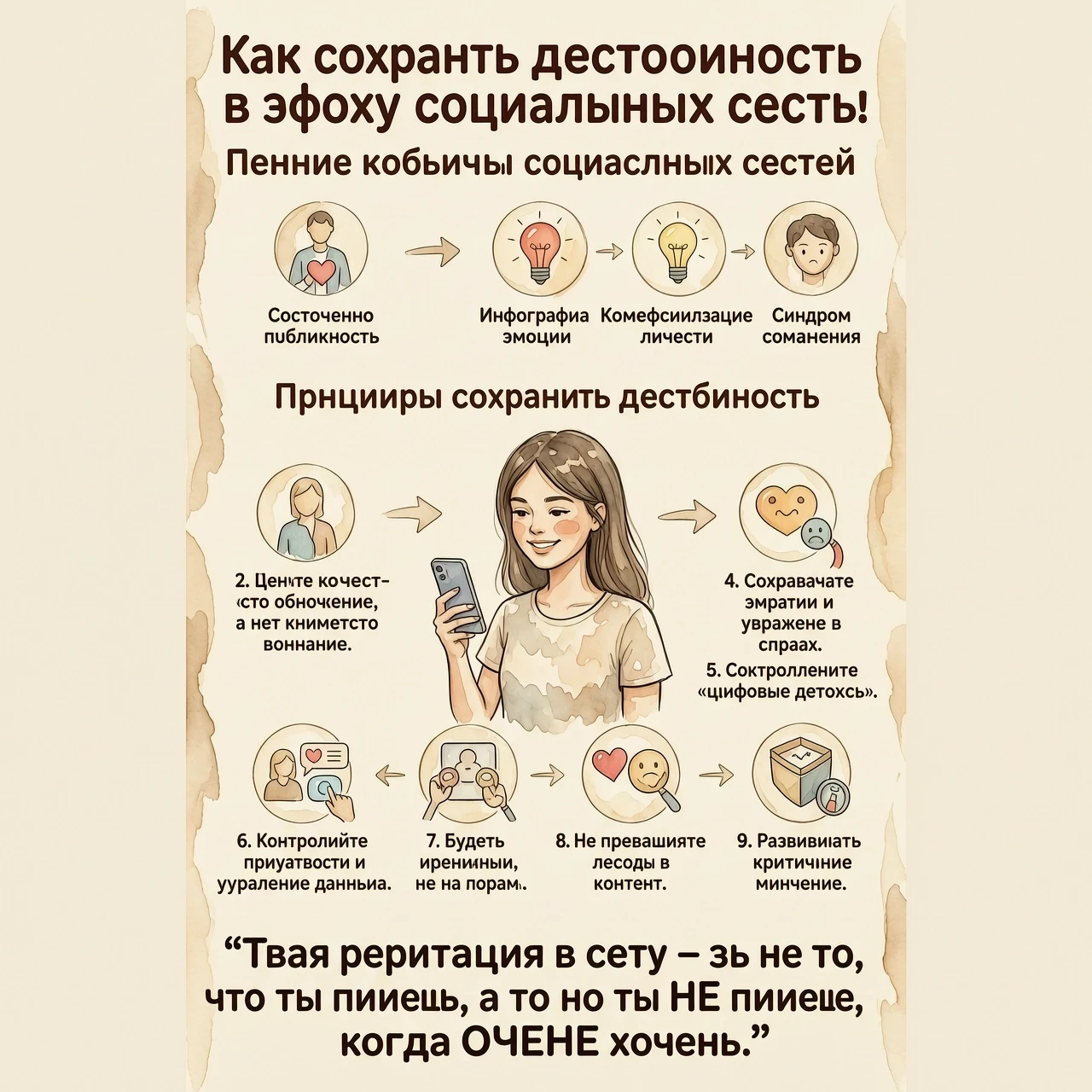 Создай акварельную инфографику формате 9:16 Это должна быть стильная и теплая визуальная визитка "Как сохранить достоинство в эпоху социальных сетей". Изобрази молодую…