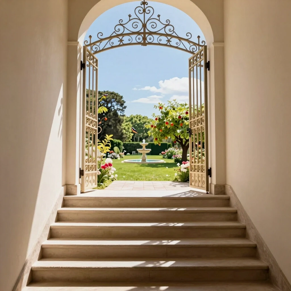 A long, light-colored staircase goes up, narrowing. There, at the top of the stairs, stands a light-colored, wrought-iron gate. Light streams from behind the gate. Beyond the…