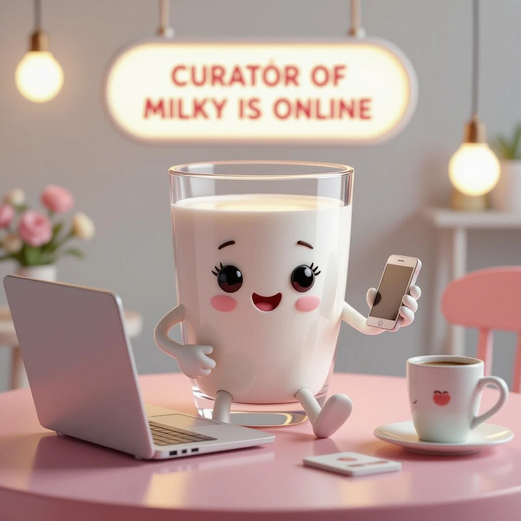 3D render, Pixar-style cartoon, a clear glass filled with white milk, the glass has cute arms and legs, no eyes, sitting at a table. On the table is a laptop. The glass is…