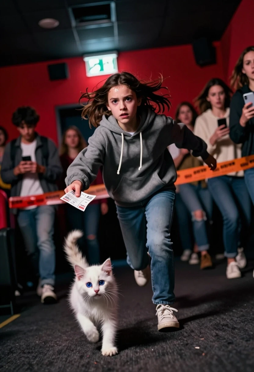 Photorealistic cinematic shot, 8K, Octane render. Dynamic dutch angle (tilted camera) for high tension. The scene is a crowded cinema lobby during a sudden evacuation: people…