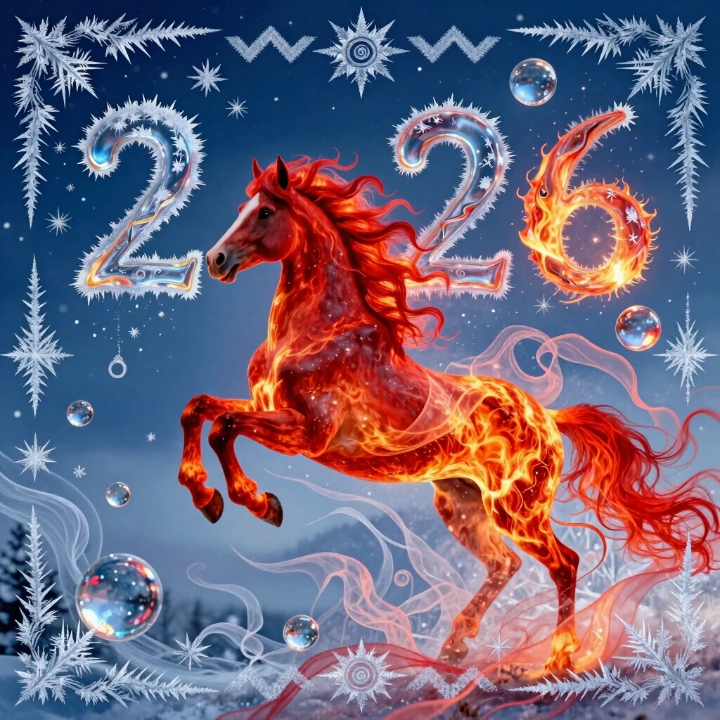 In the double exposure style, an ephemeral mythical creature in the form of a beautiful scarlet fiery horse with a long wavy mane is depicted mid-jump, collecting the word…