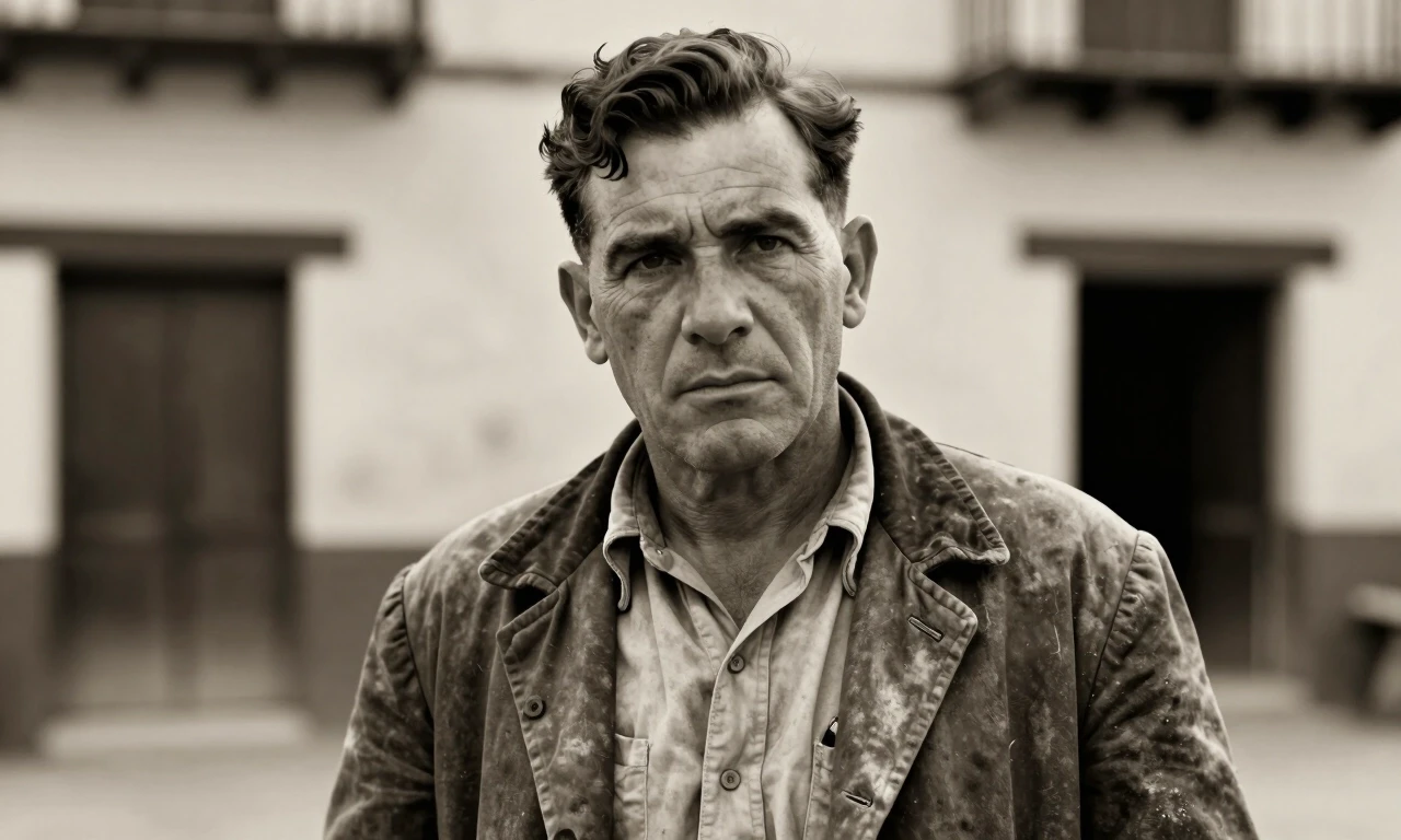 1940s black and white sepia toned portrait, determined Spanish farmer in worn jacket, cinematic lighting, film grain, historical documentary style — работа пользователя…