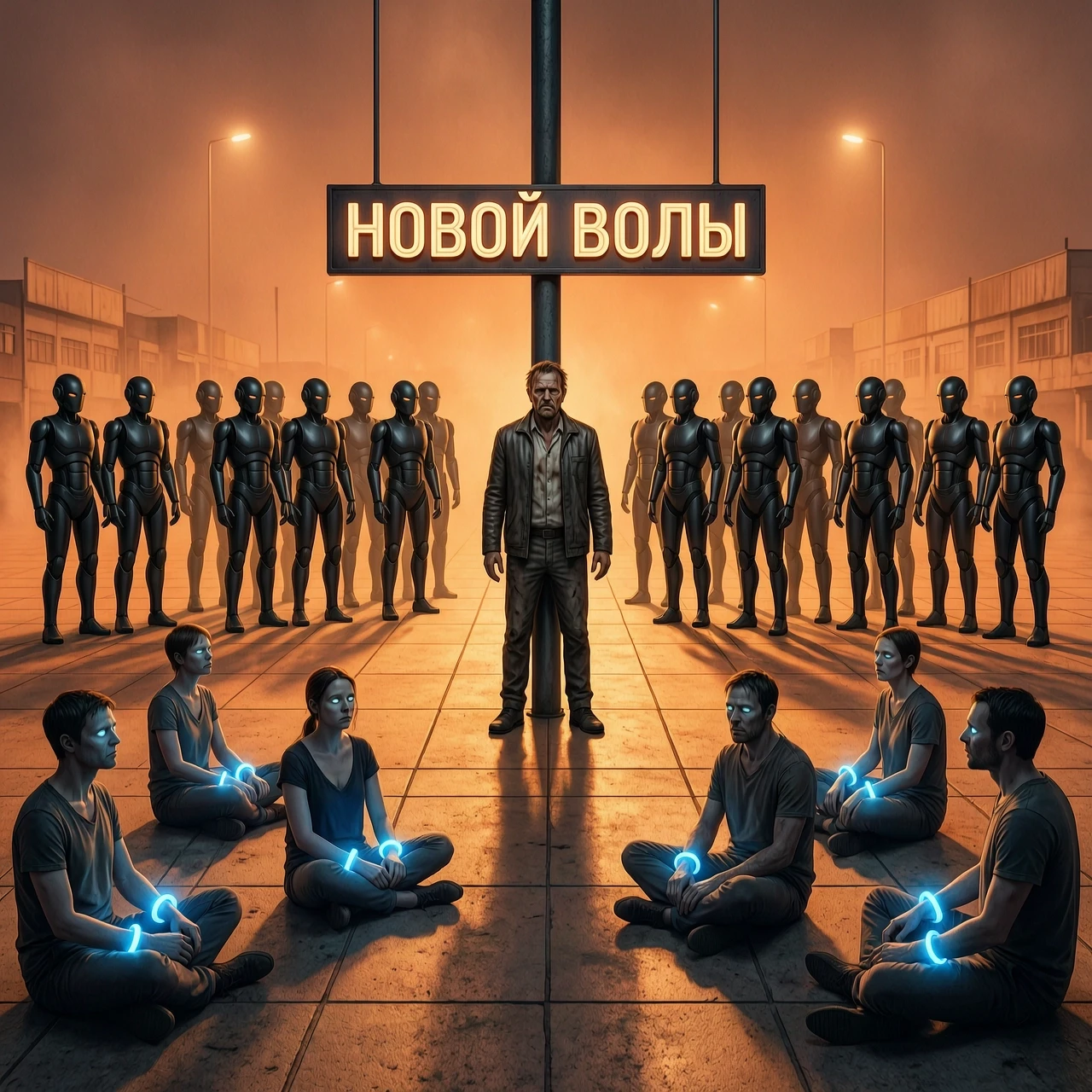 Оцепленная пустая площадь «Новой Волги» под пульсирующим оранжевым светом. На настилах сидят люди с пустыми глазами, их браслеты горят синим. В центре у столба стоит избитый…