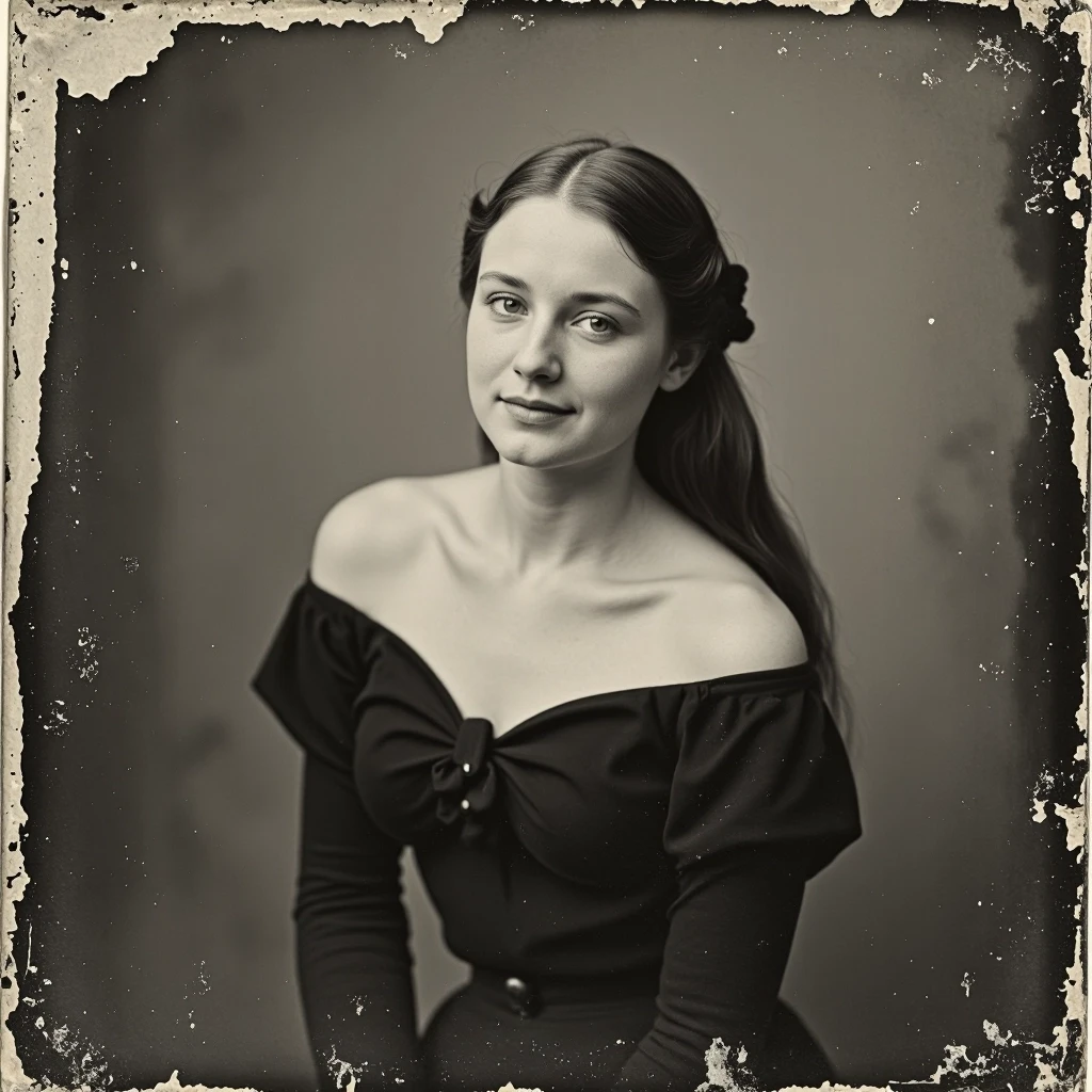 Молодая женщина (примерно 25–28 лет), стройная, светлая кожа, длинные волосы собраны на затылке, голубые/серые глаза, нейтральное уверенное выражение лица с лёгкой…