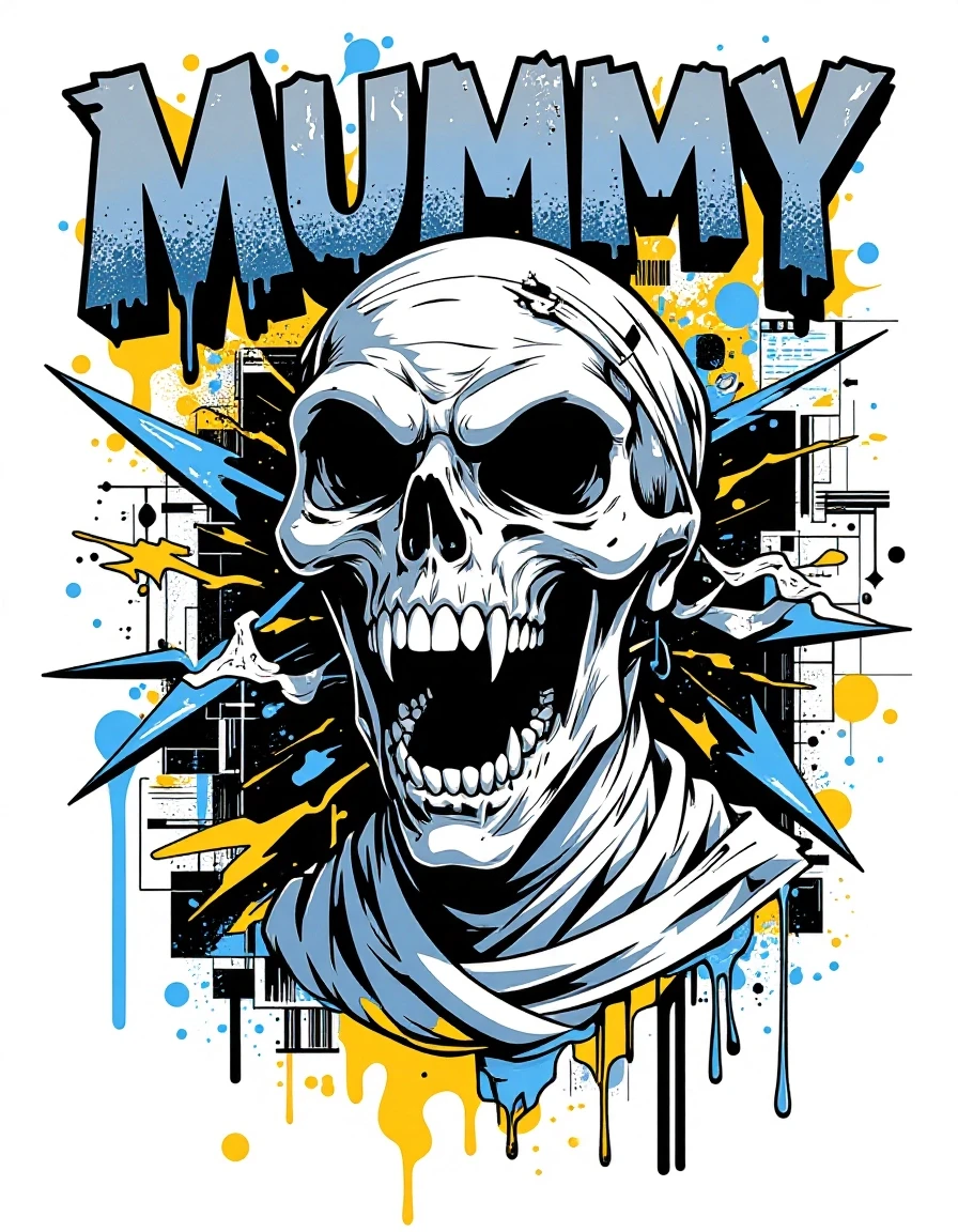 A bold, high-contrast graphic illustration of a snarling mummy skull wrapped in tattered white bandages, central composition on a white background, oversized expressive eye…