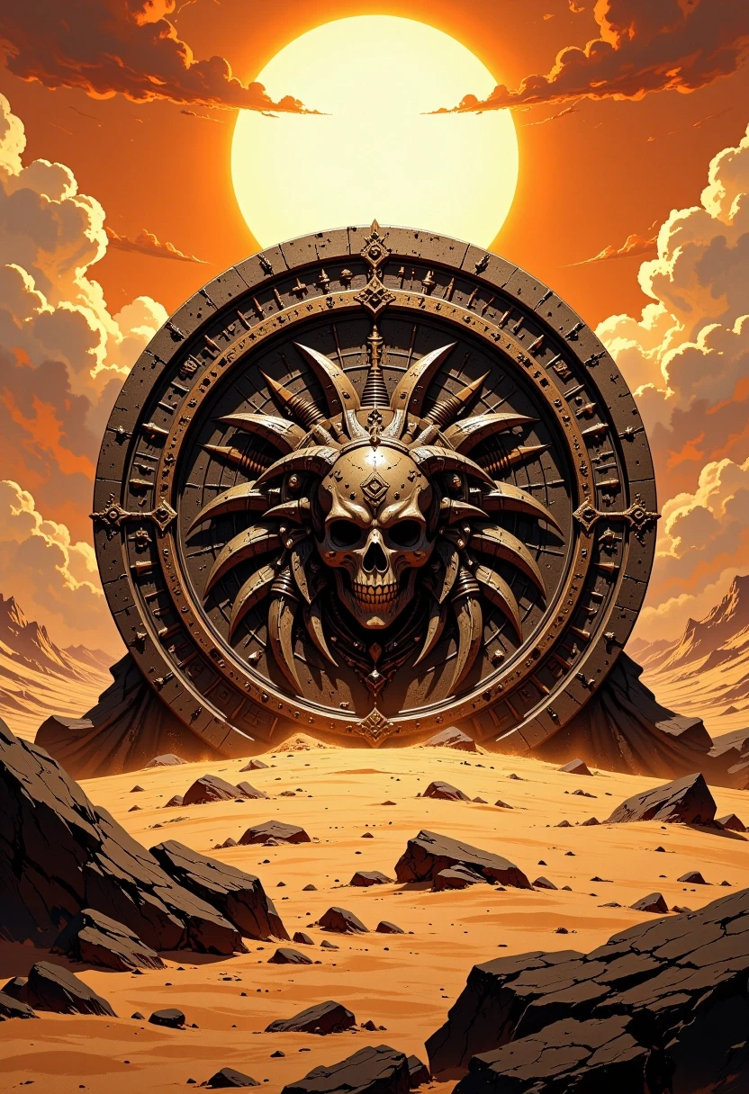 Circular emblem of a wild hunting desert tribe, intricately detailed tribal patterns and primitive totems engraved on weathered sandstone and aged bone, centered in the frame.…